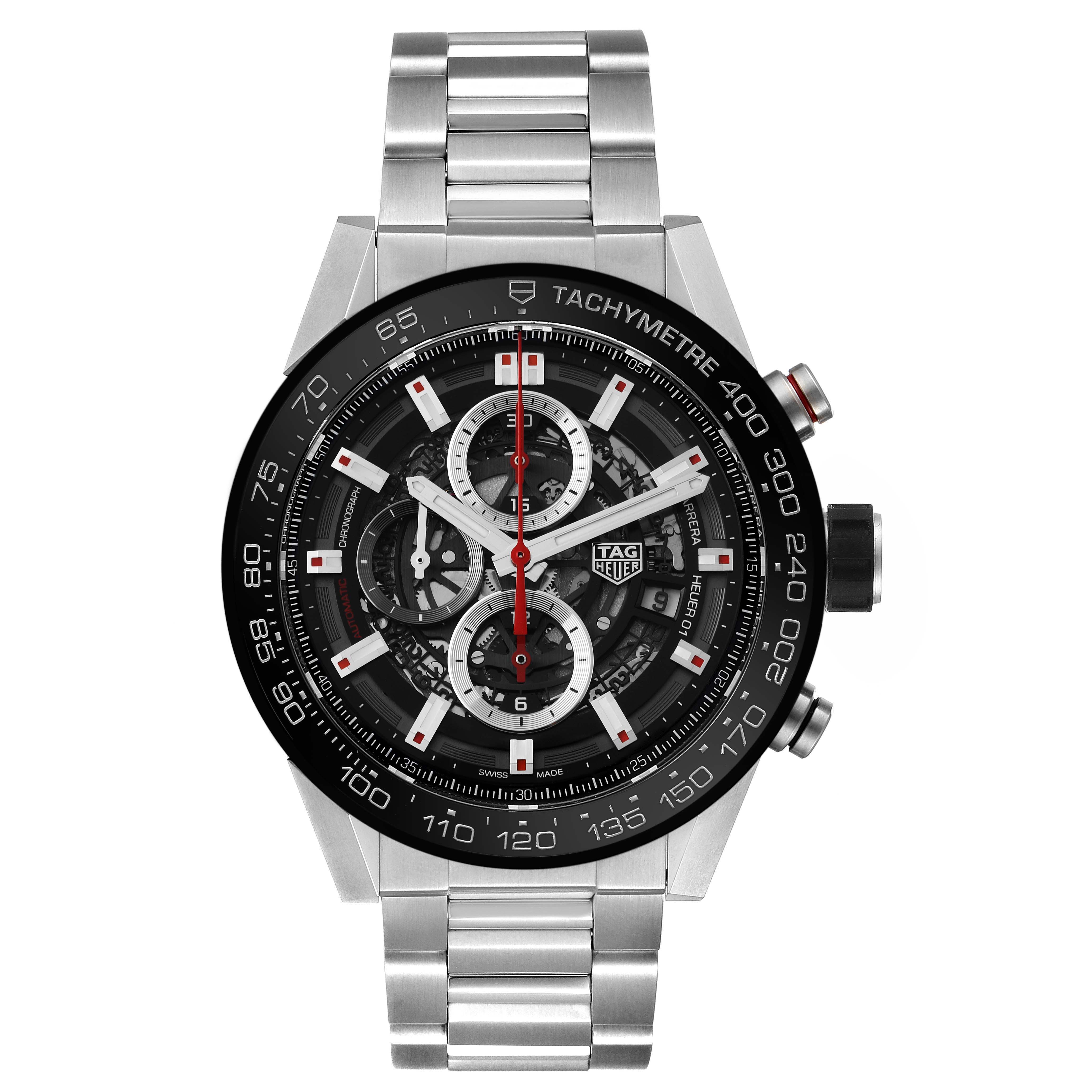The image shows a front view of the Tag Heuer Carrera CAR2A1W Men
s Stainless Steel Transparent Dial CAR2A1W Men
s Stainless Steel Transparent Dial watch, highlighting its dial, tachymeter bezel, and metal bracelet.