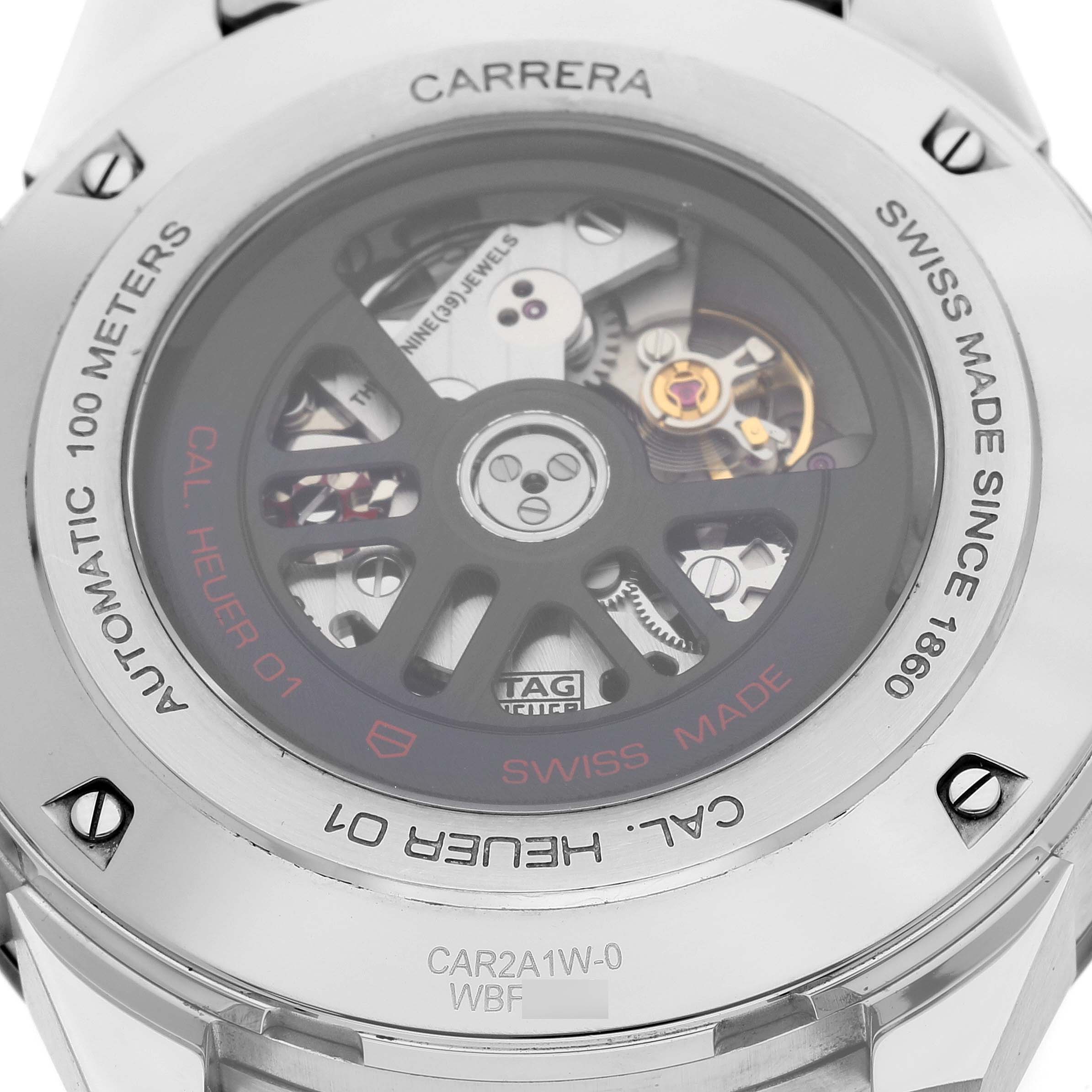 The image shows the back case of the Tag Heuer Carrera CAR2A1W Men
s Stainless Steel Transparent Dial CAR2A1W Men
s Stainless Steel Transparent Dial watch, revealing its automatic movement and inner mechanical parts.