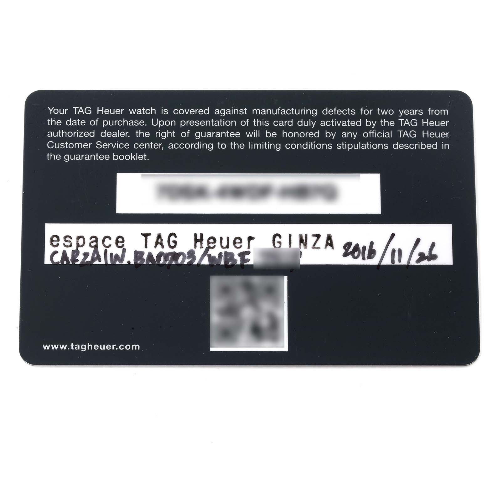 This image shows the warranty card for a Tag Heuer Carrera CAR2A1W Men
s Stainless Steel Transparent Dial CAR2A1W Men
s Stainless Steel Transparent Dial watch.
