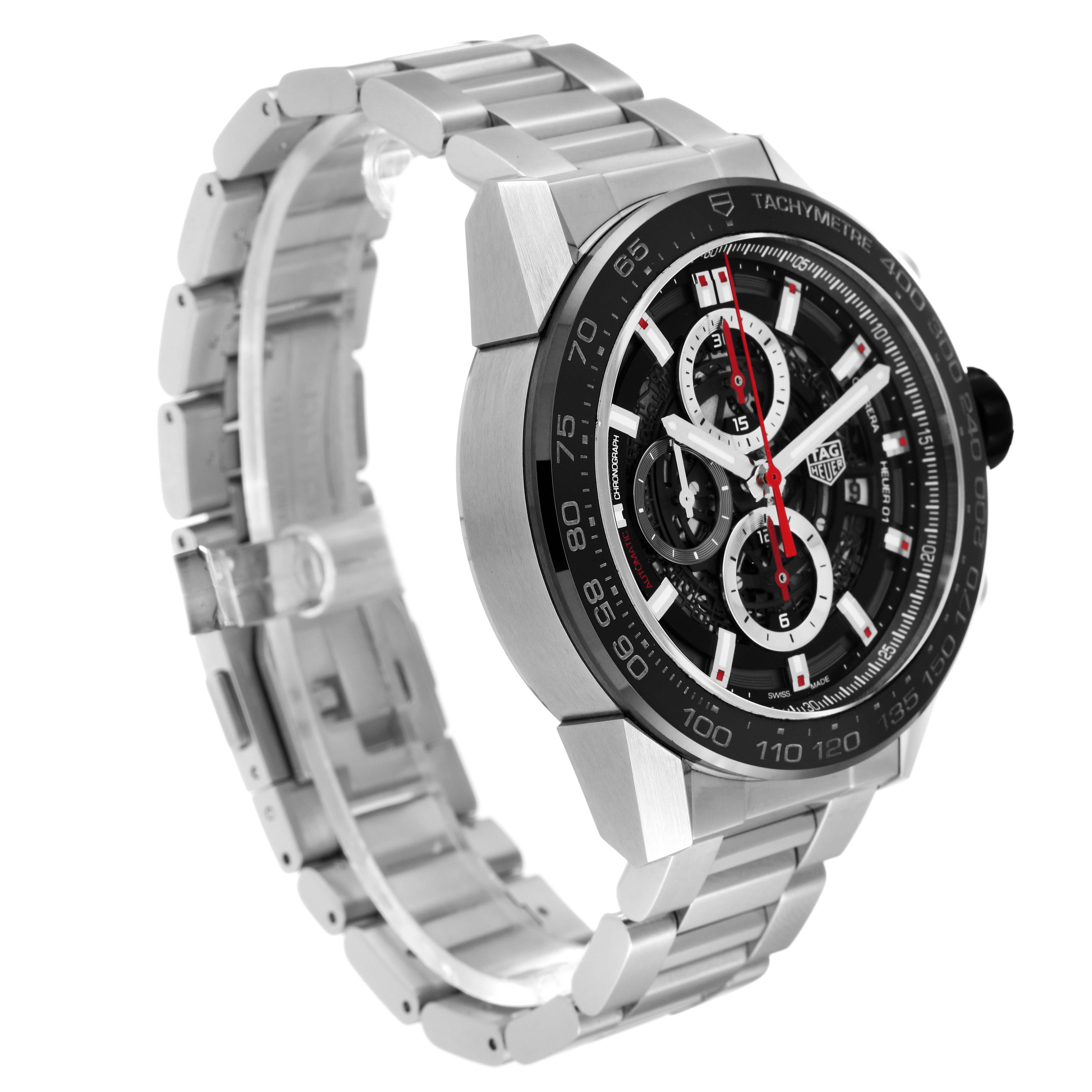 The image shows a side angle of the Tag Heuer Carrera CAR2A1W Men
s Stainless Steel Transparent Dial CAR2A1W Men
s Stainless Steel Transparent Dial watch, highlighting its face and metal bracelet.