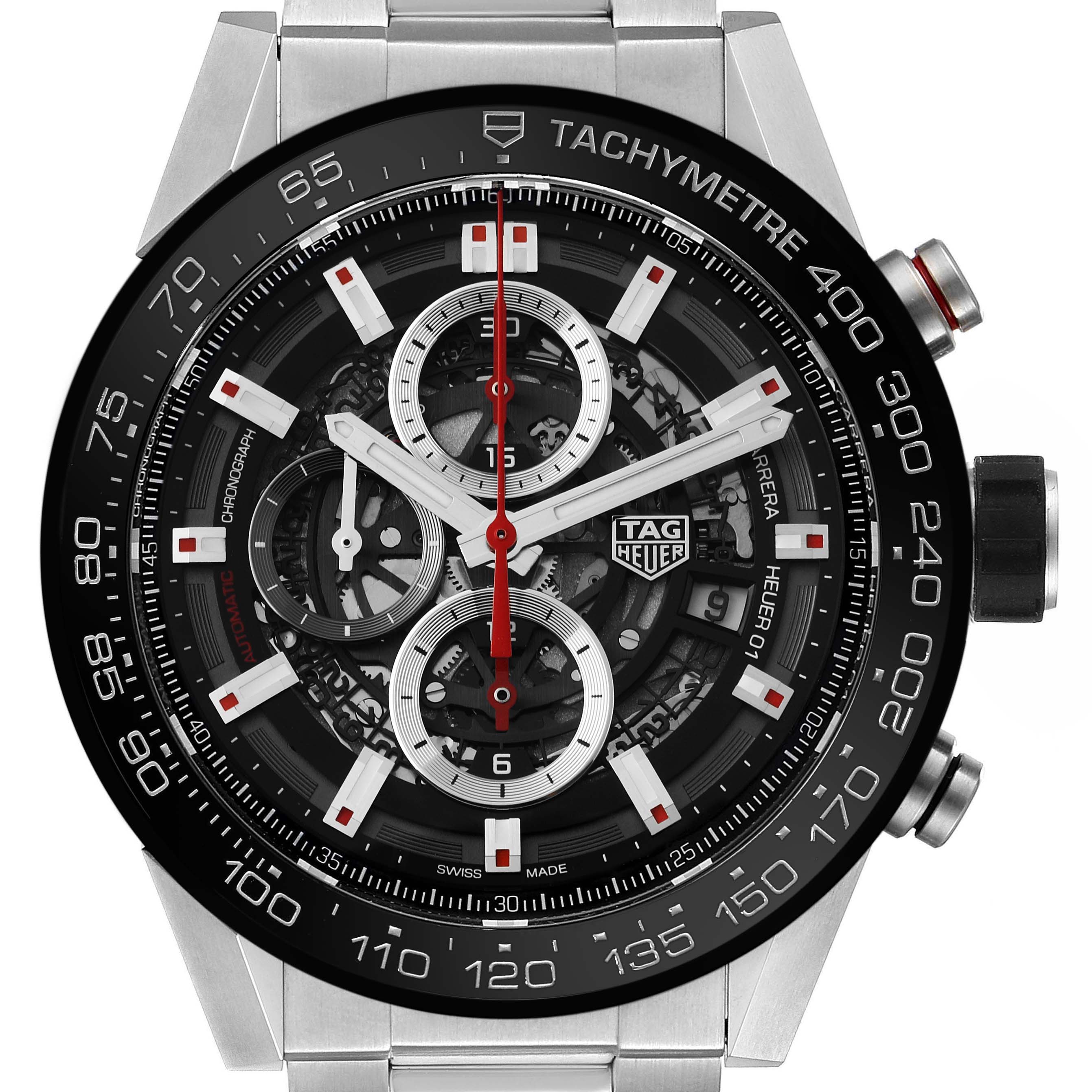 The front view of the Tag Heuer Carrera CAR2A1W Men
s Stainless Steel Transparent Dial CAR2A1W Men
s Stainless Steel Transparent Dial watch shows its chronograph, tachymeter, and skeletal dial.