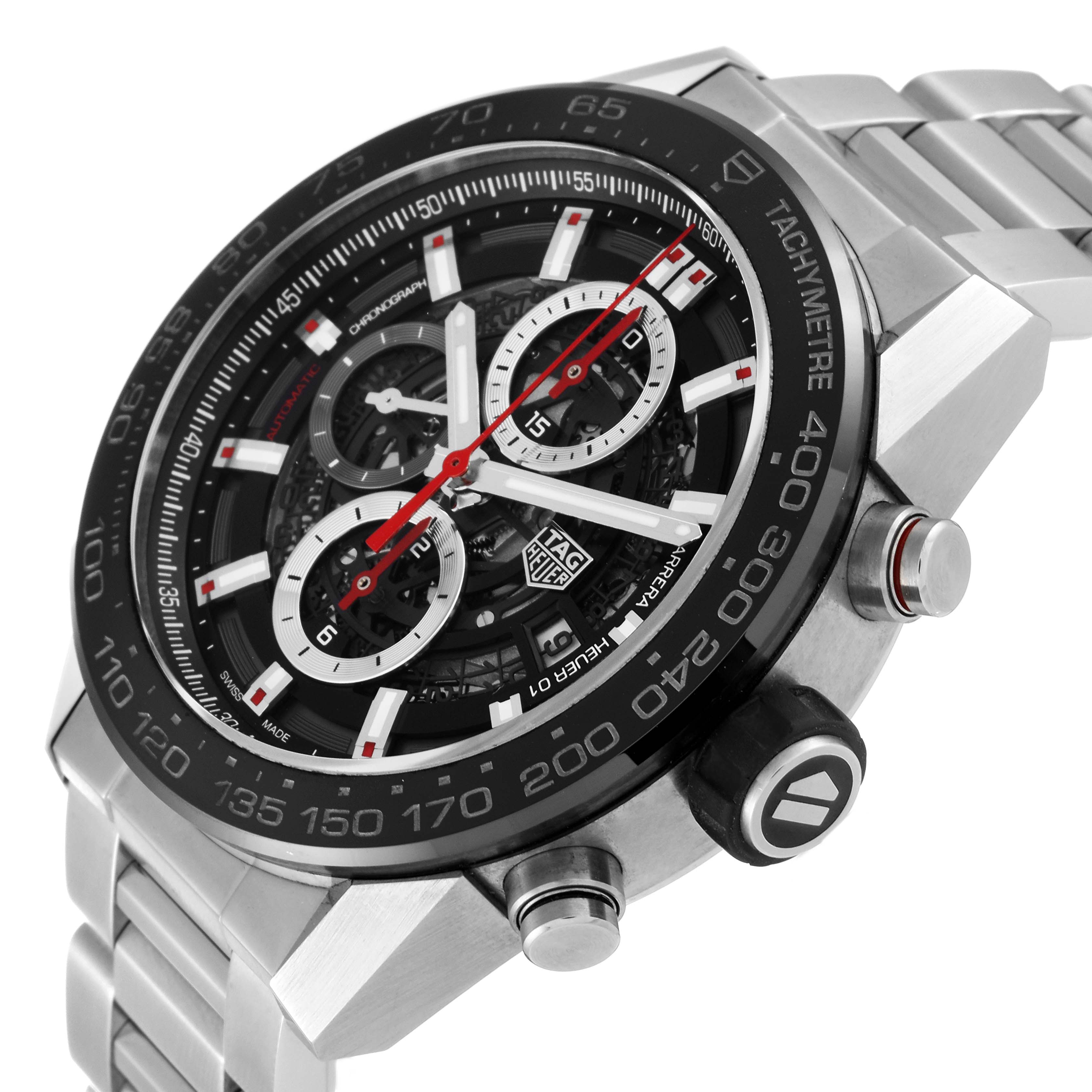 The image shows a close-up, angled view of a Tag Heuer Carrera CAR2A1W Men
s Stainless Steel Transparent Dial CAR2A1W Men
s Stainless Steel Transparent Dial watch, displaying the dial, bezel, crown, and part of the bracelet.