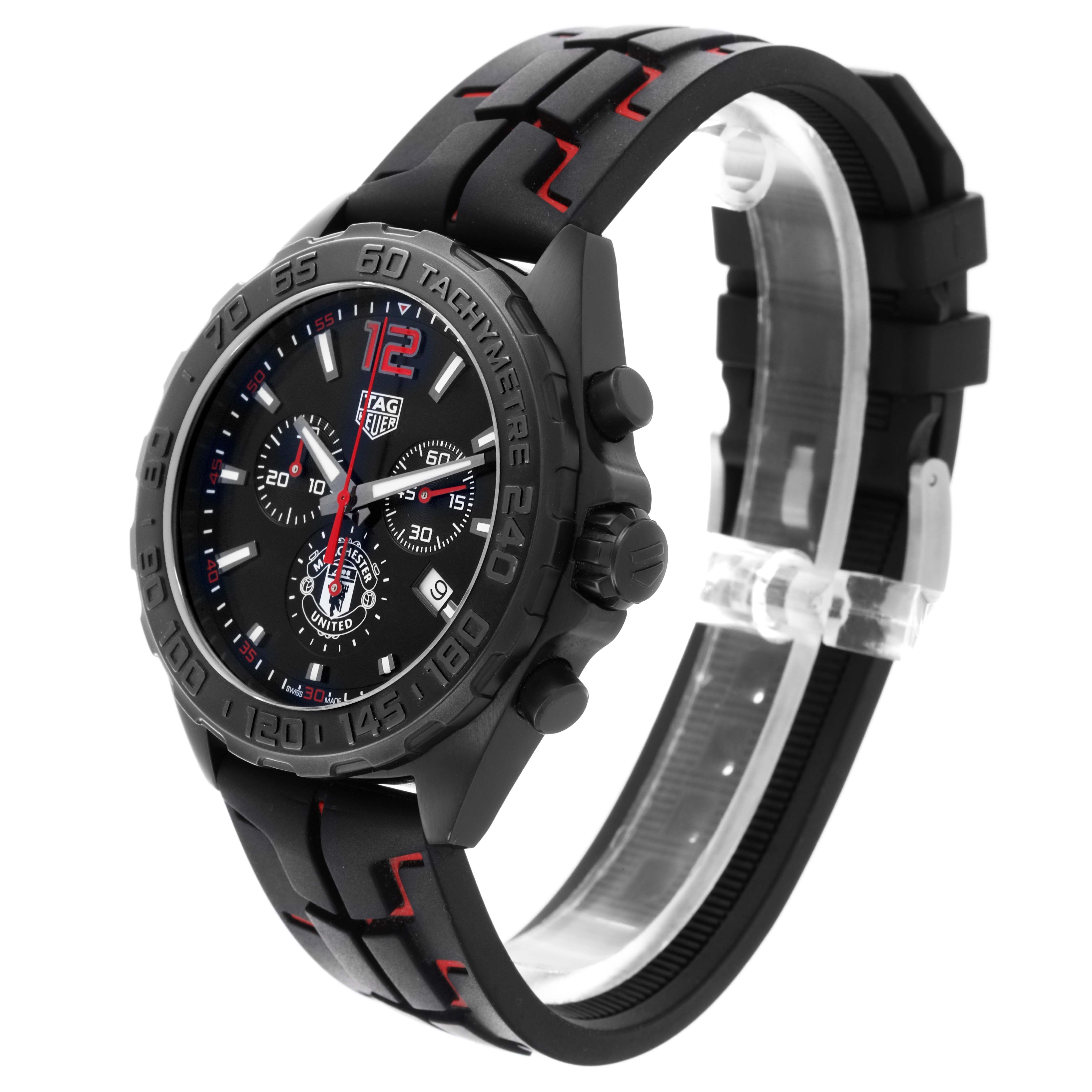 The Tag Heuer Formula 1 CAZ101J.FC8027 Men's Stainless Steel Black Dial CAZ101J.FC8027 Men's Stainless Steel Black Dial watch is shown at a three-quarter angle, highlighting the dial, bezel, and rubber strap.