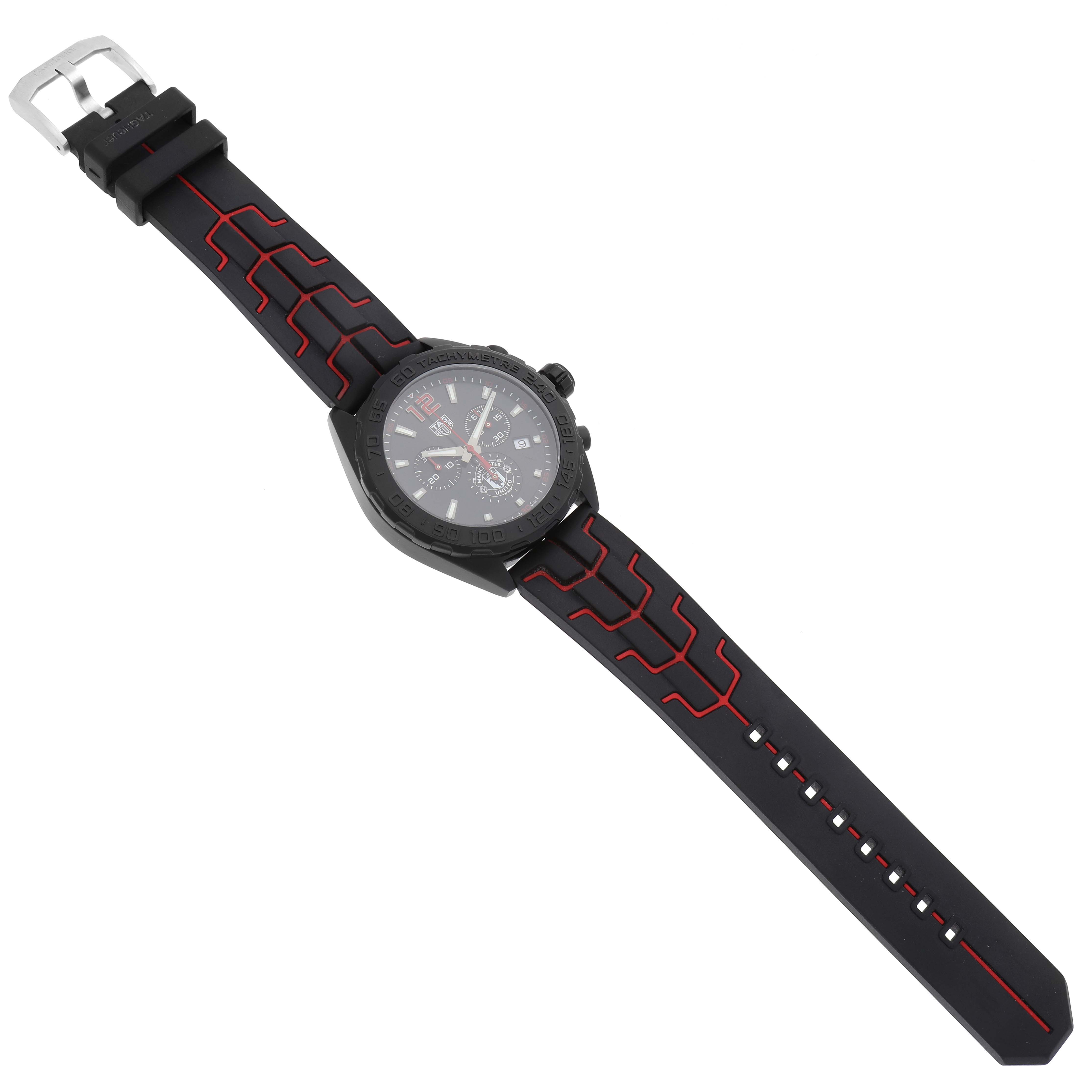 The Tag Heuer Formula 1 CAZ101J.FC8027 Men's Stainless Steel Black Dial CAZ101J.FC8027 Men's Stainless Steel Black Dial watch is shown from a top-down angle, displaying the face, bezel, and entire strap.