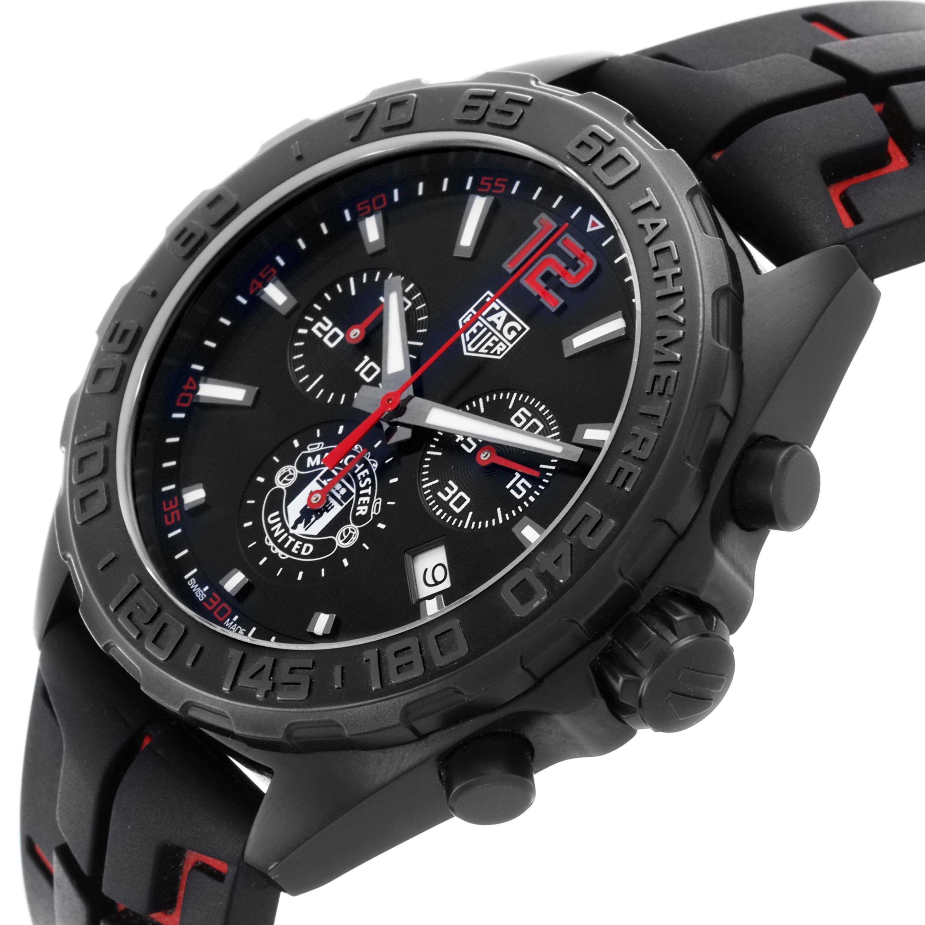 The Tag Heuer Formula 1 CAZ101J.FC8027 Men's Stainless Steel Black Dial CAZ101J.FC8027 Men's Stainless Steel Black Dial watch is shown at an angled view, highlighting the dial, tachymeter bezel, subdials, and crown.