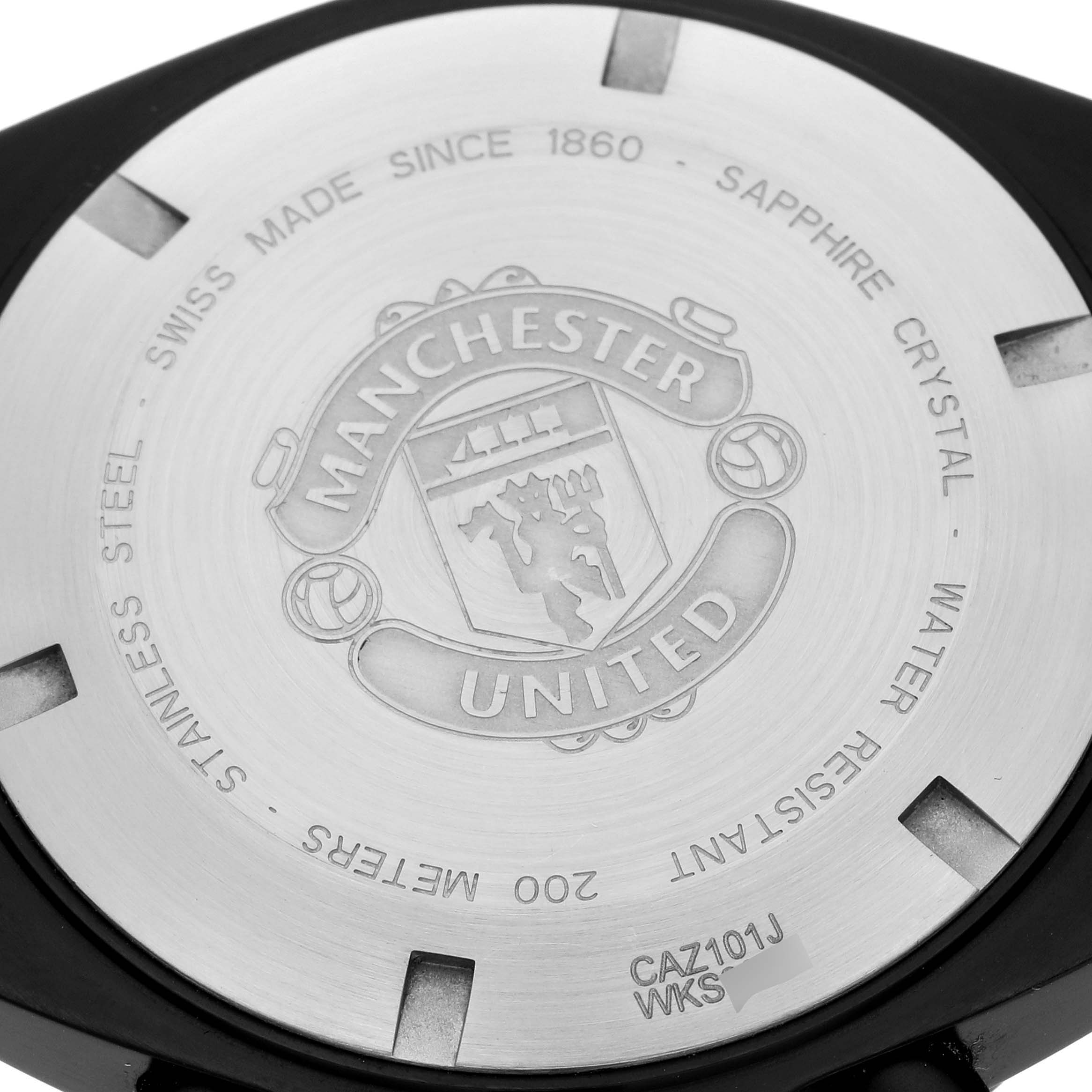 The image shows the back case of a Tag Heuer Formula 1 CAZ101J.FC8027 Men's Stainless Steel Black Dial CAZ101J.FC8027 Men's Stainless Steel Black Dial watch, featuring engraved details and logos.