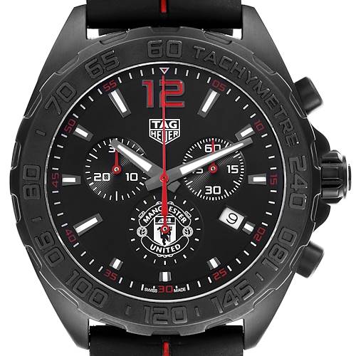 The Tag Heuer Formula 1 watch is shown from the front, highlighting its dial, bezel, and subdials.