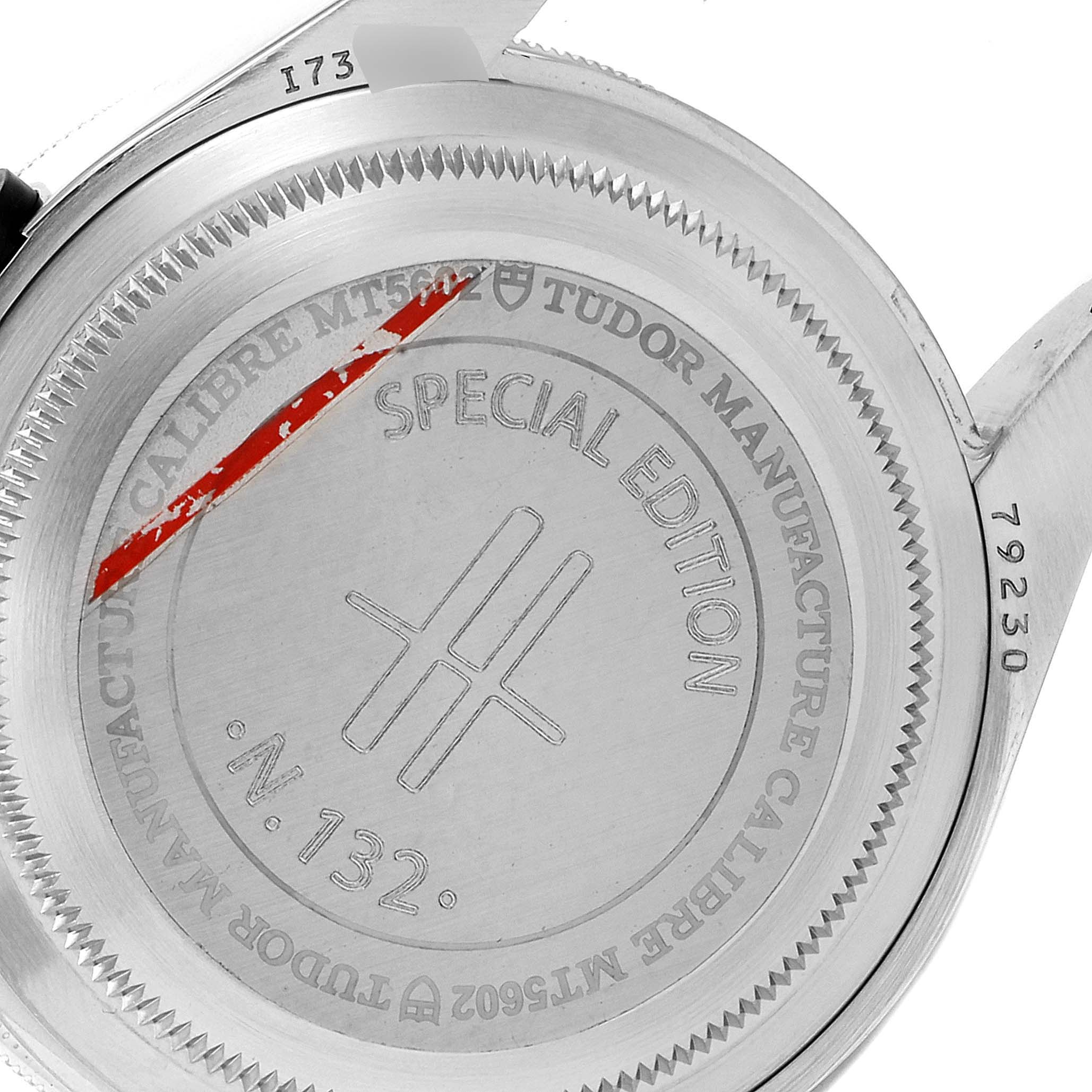 The image shows the back case of the Tudor Heritage Black Bay 79230G Men
s Stainless Steel Black Dial 79230G Men
s Stainless Steel Black Dial watch, displaying the special edition engraving.