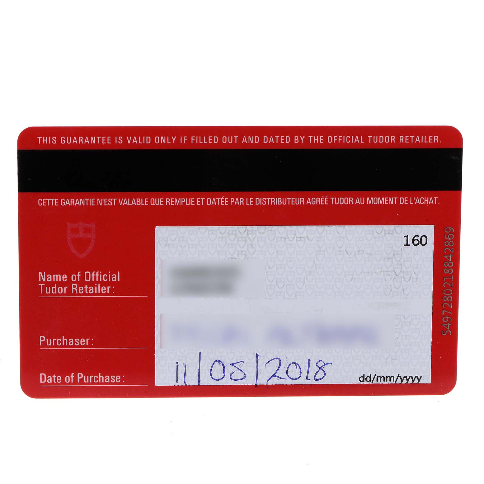 This image shows a Tudor Heritage Black Bay 79230G Men
s Stainless Steel Black Dial 79230G Men
s Stainless Steel Black Dial warranty card dated 11/03/2018.