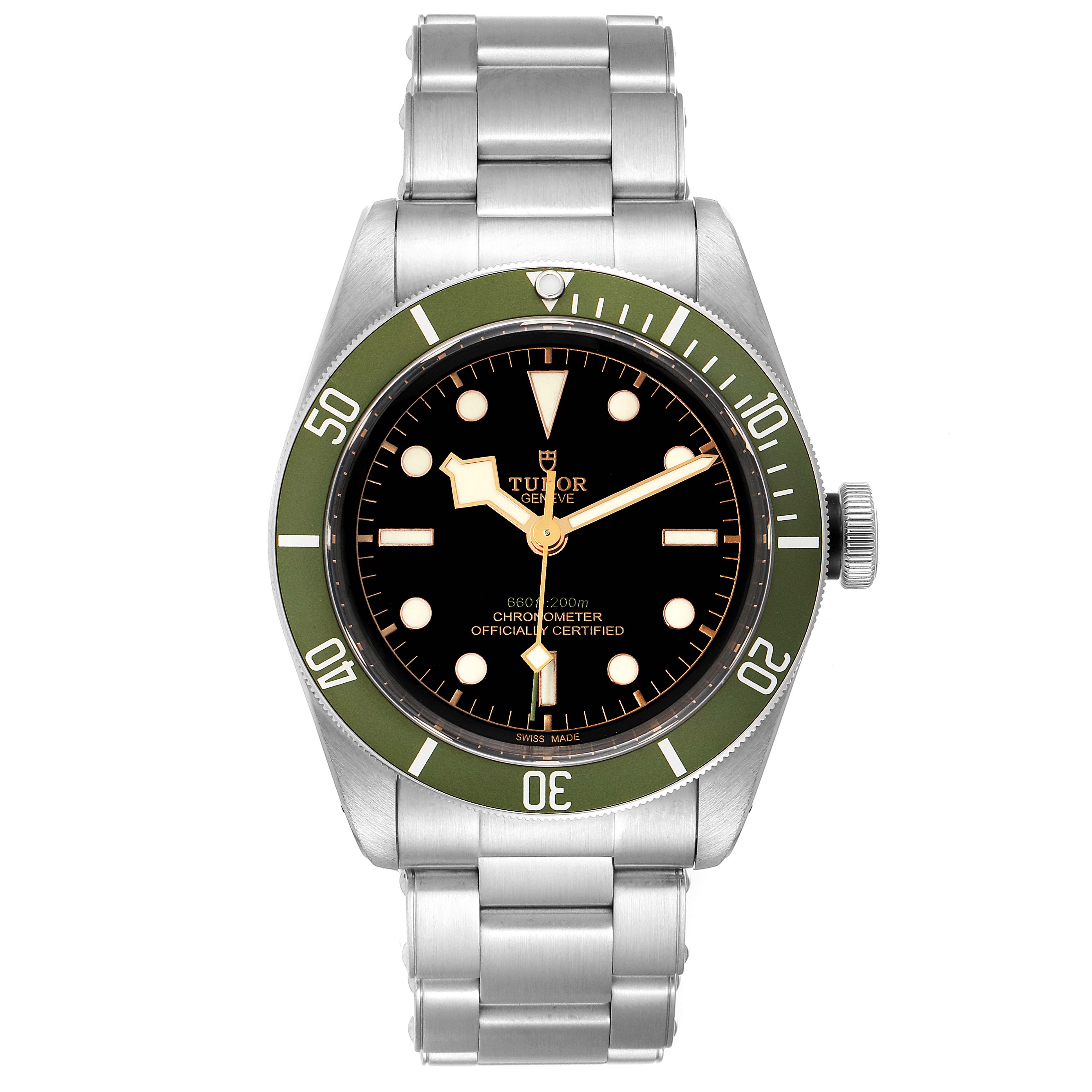 The image shows a front angle view of the Tudor Heritage Black Bay 79230G Men
s Stainless Steel Black Dial 79230G Men
s Stainless Steel Black Dial watch, featuring its dial, bezel, case, and bracelet.