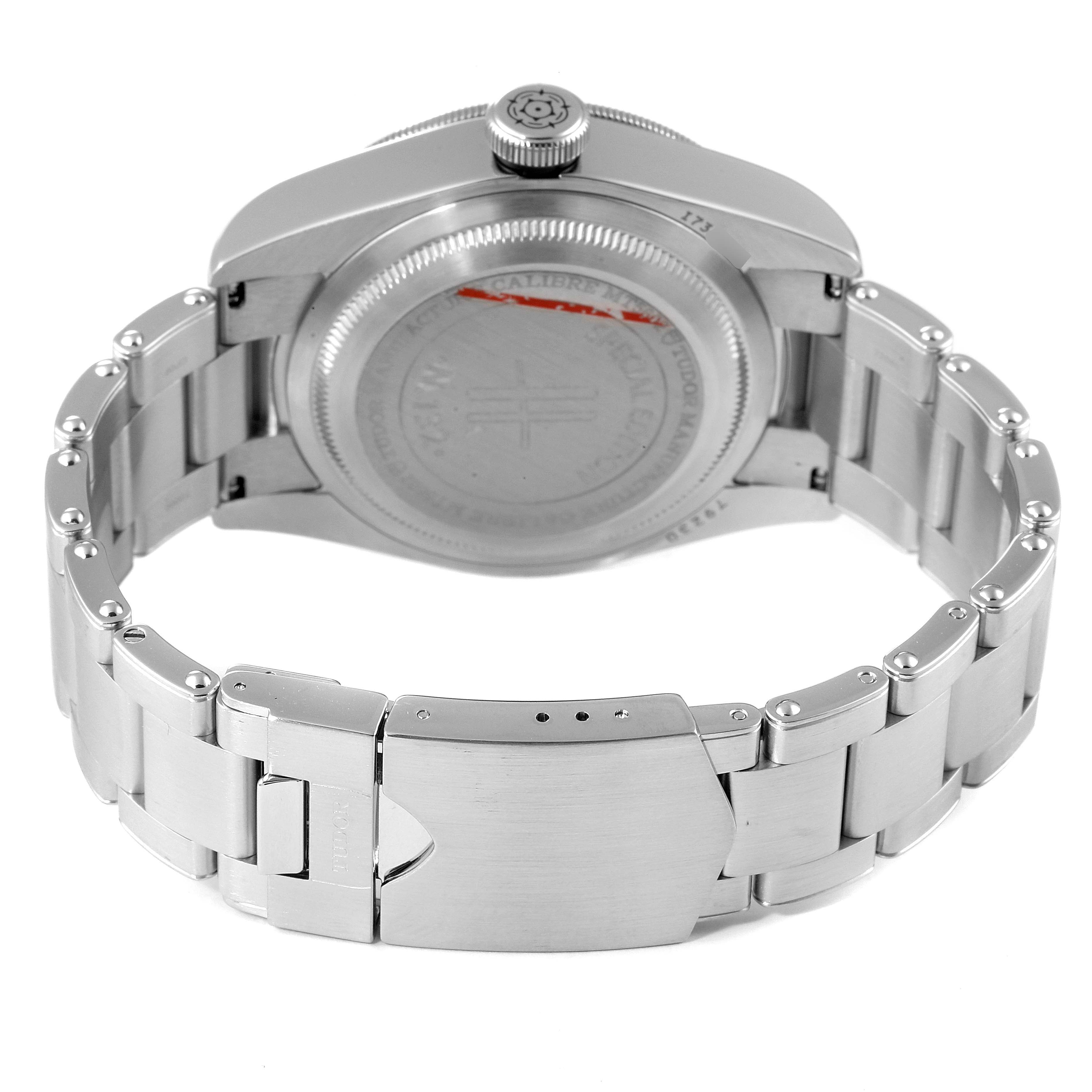 The image shows the back case and bracelet of the Tudor Heritage Black Bay 79230G Men
s Stainless Steel Black Dial 79230G Men
s Stainless Steel Black Dial watch, viewed from the rear.