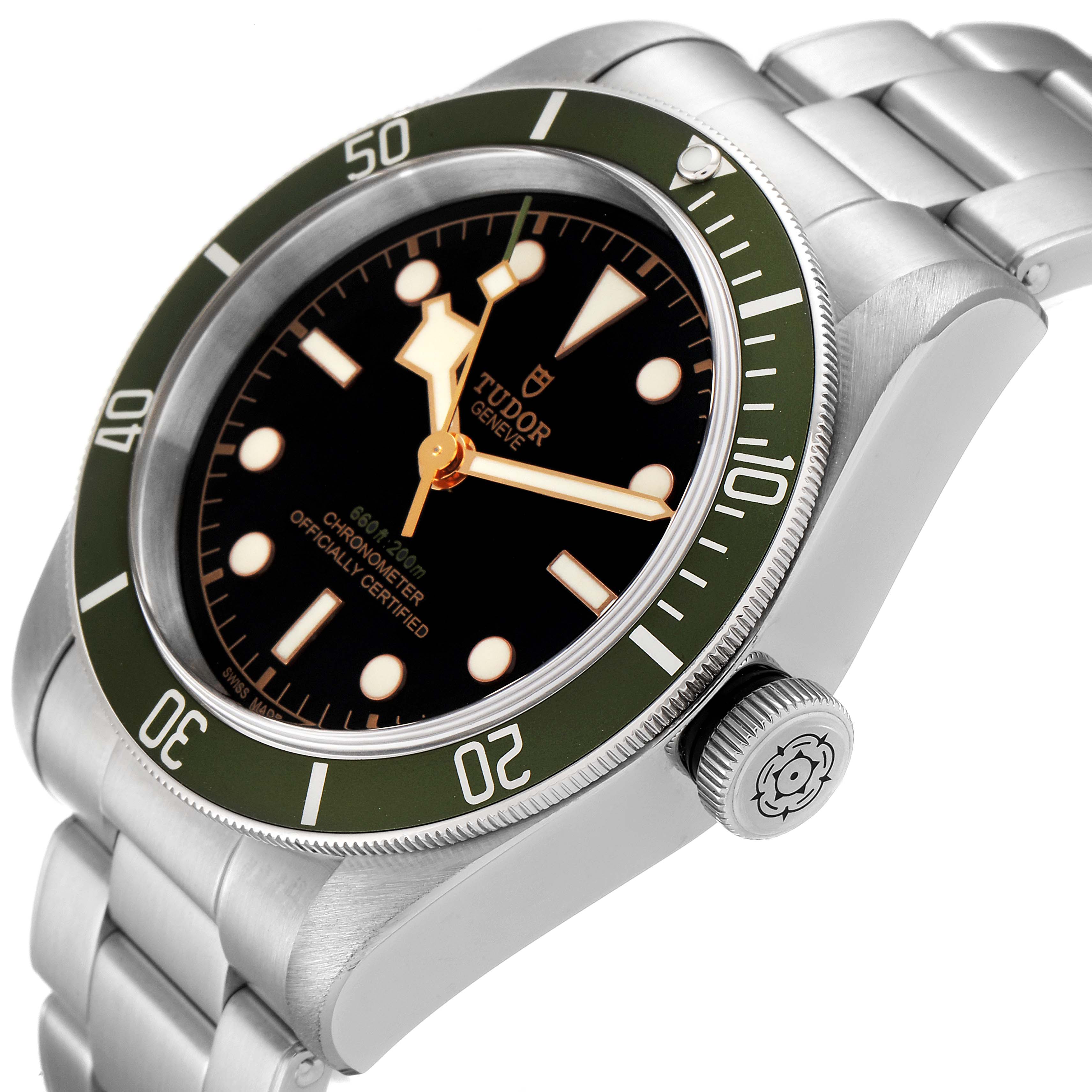 The image shows the Tudor Heritage Black Bay 79230G Men
s Stainless Steel Black Dial 79230G Men
s Stainless Steel Black Dial watch from an angled side view, highlighting the dial, bezel, crown, and bracelet.