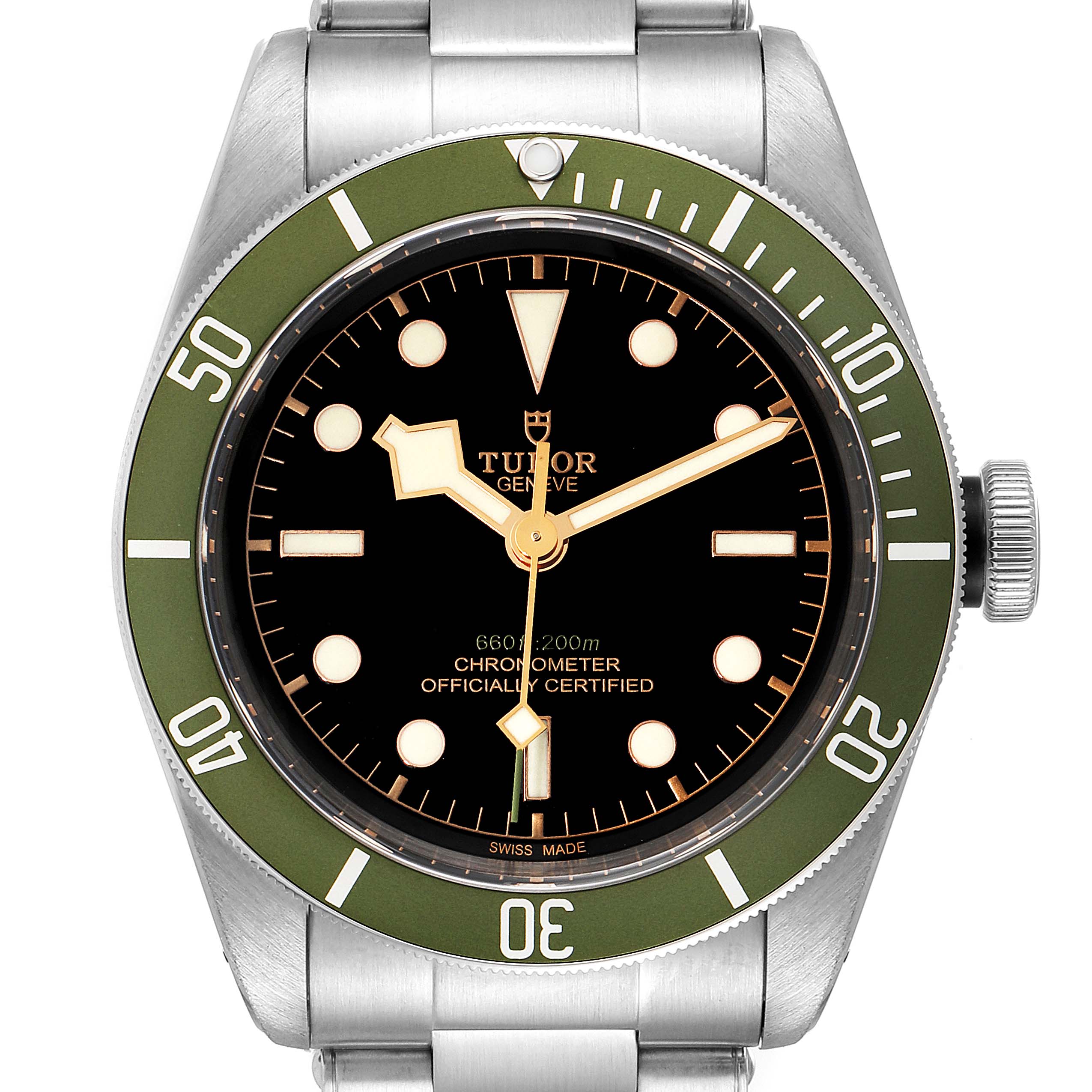 The Tudor Heritage Black Bay 79230G Men
s Stainless Steel Black Dial 79230G Men
s Stainless Steel Black Dial watch is shown from a top-down angle, displaying its dial, bezel, and bracelet.