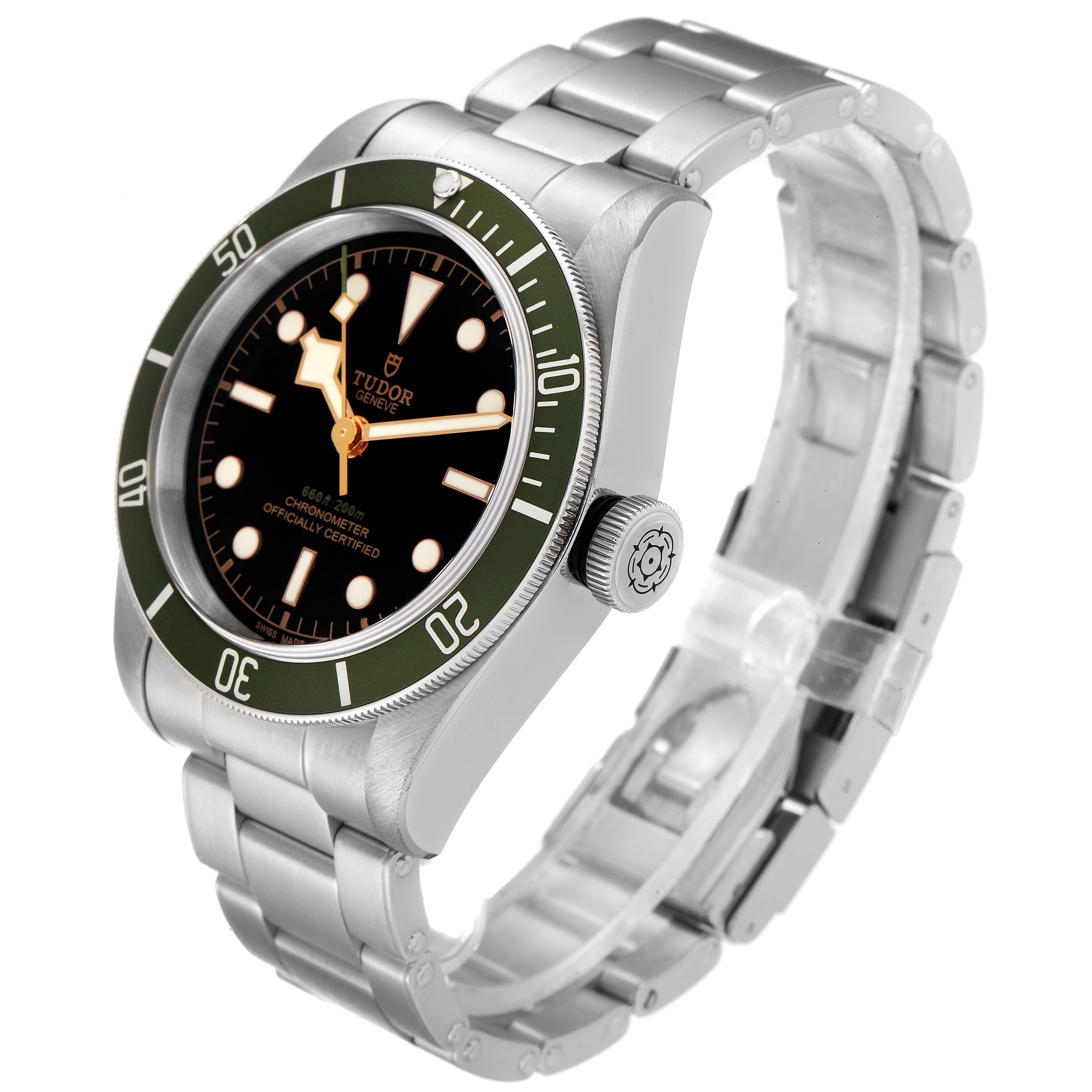 The Tudor Heritage Black Bay 79230G Men
s Stainless Steel Black Dial 79230G Men
s Stainless Steel Black Dial watch is shown at a three-quarter angle, highlighting its face, bezel, case, and bracelet.