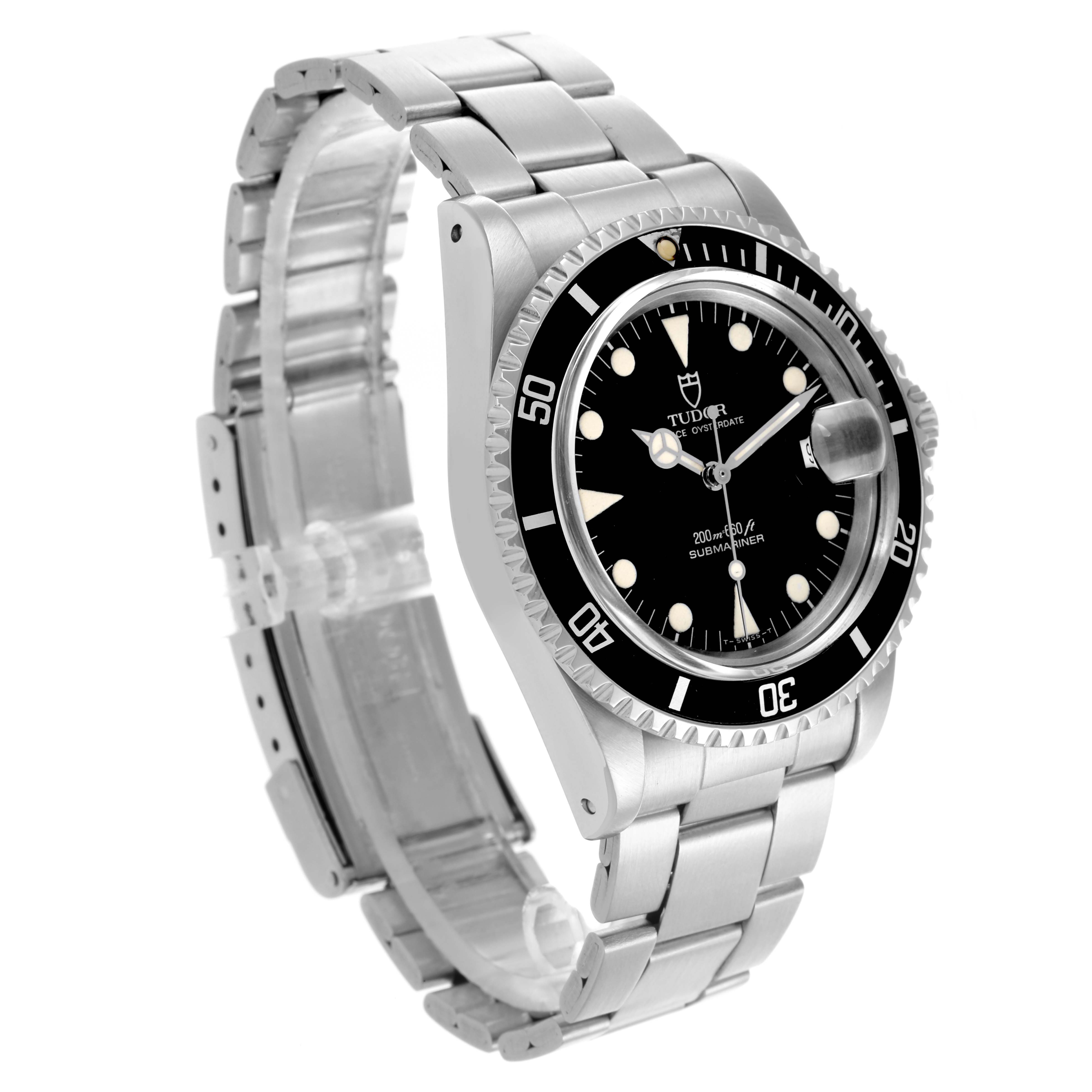 The Tudor Submariner 79090 Men's Stainless Steel Black Dial 79090 Men's Stainless Steel Black Dial watch is shown at a slight angle, highlighting the face, bezel, and stainless steel bracelet.