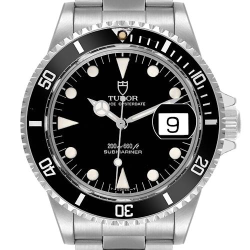 The Tudor Submariner watch is shown from the front, highlighting the dial, bezel, and bracelet.