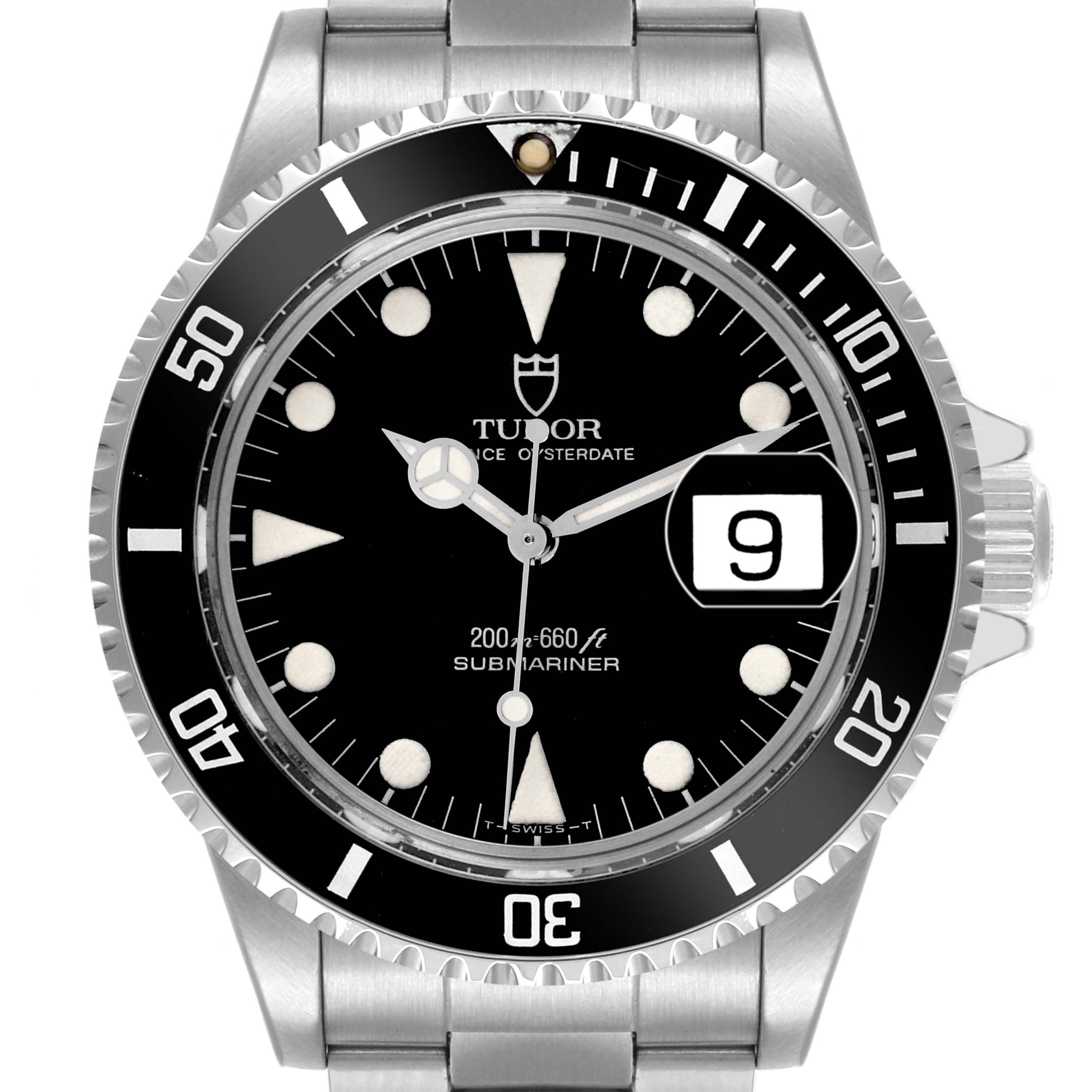The Tudor Submariner 79090 Men's Stainless Steel Black Dial 79090 Men's Stainless Steel Black Dial watch is shown from a top view, displaying the dial, bezel, crown, and bracelet.