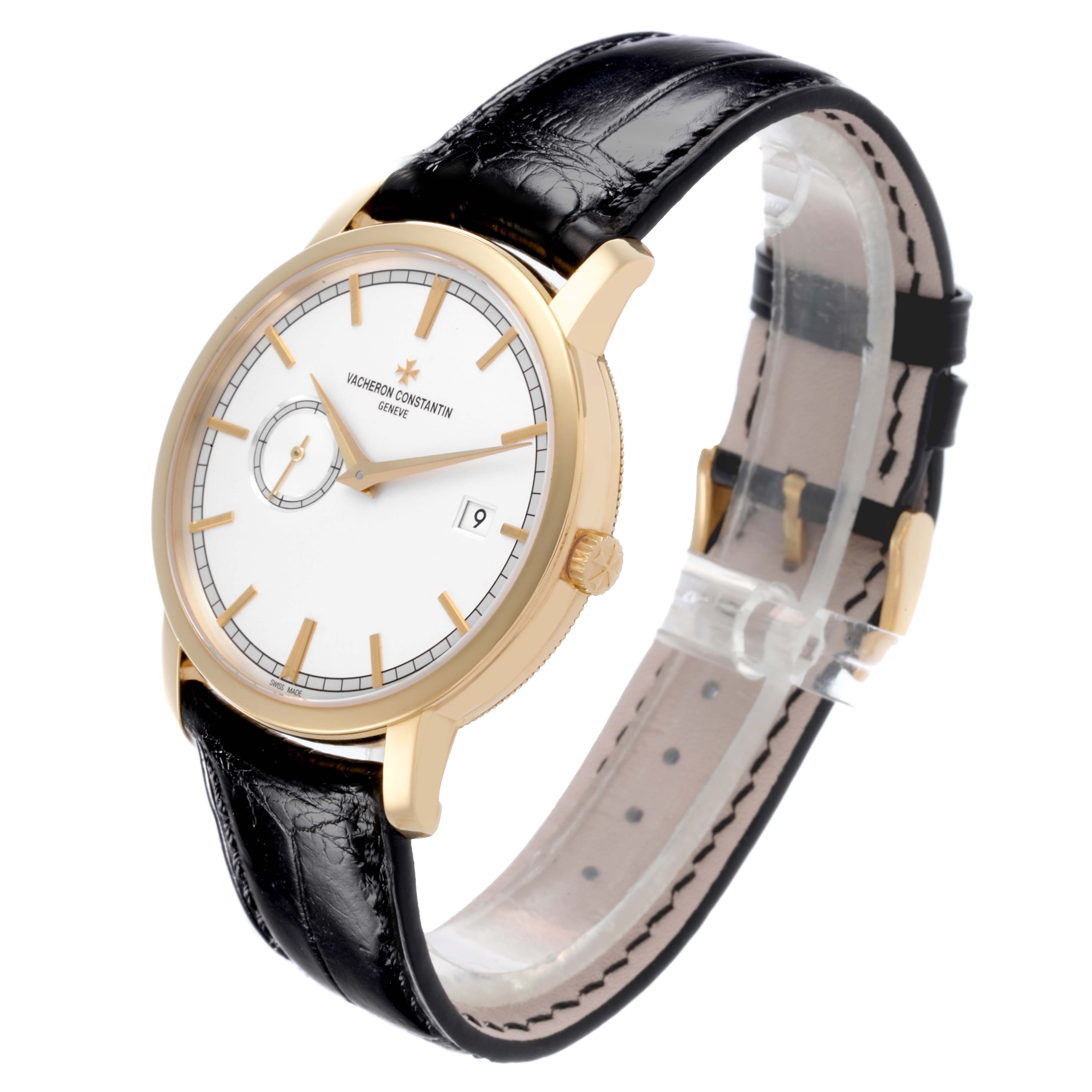 The Vacheron Constantin Traditionnelle 87172/000J-9512 Men's Yellow Gold Silver Dial 87172/000J-9512 Men's Yellow Gold Silver Dial watch is shown at a three-quarter angle, highlighting the face, gold case, and black leather strap.