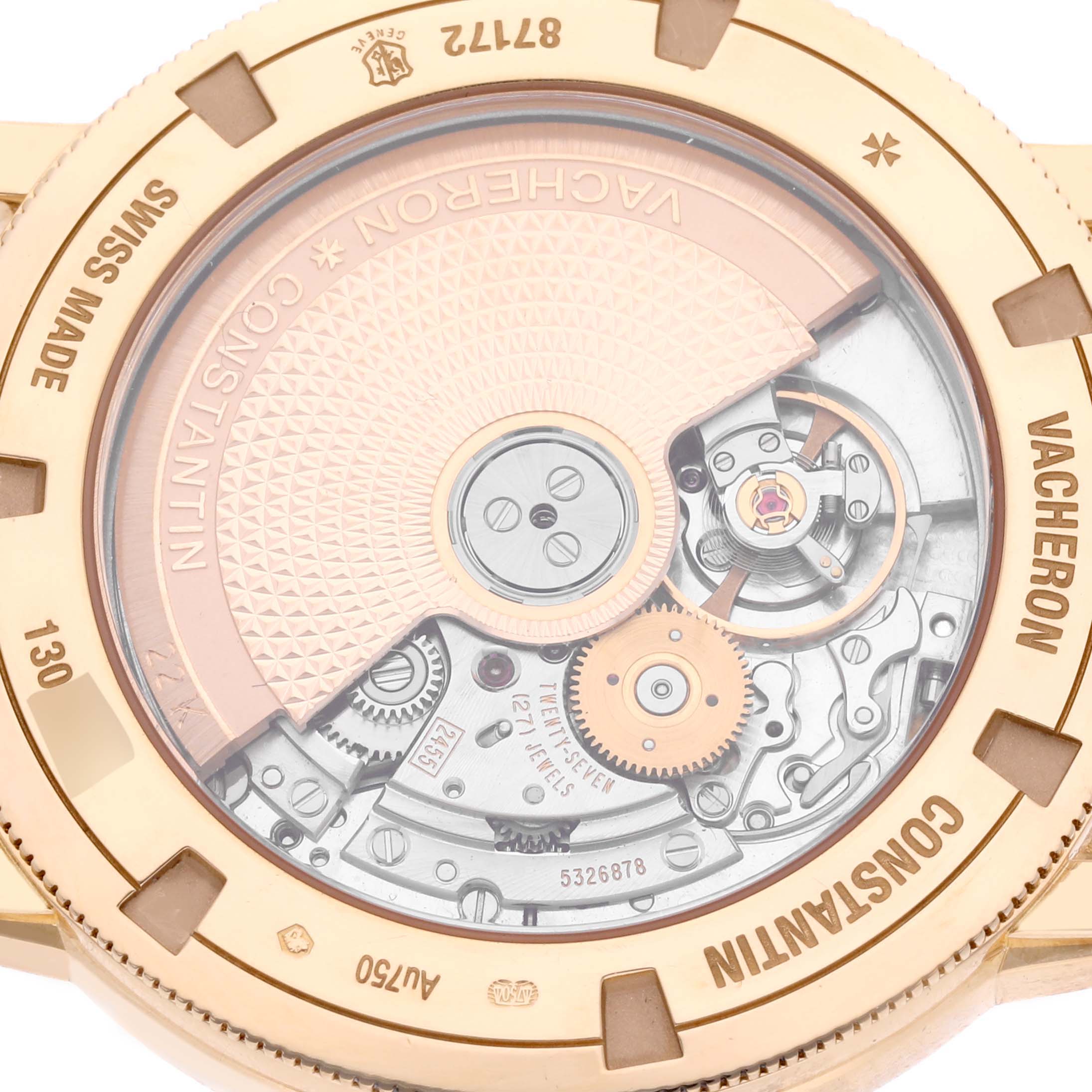 The image shows the back view of a Vacheron Constantin Traditionnelle 87172/000J-9512 Men's Yellow Gold Silver Dial 87172/000J-9512 Men's Yellow Gold Silver Dial watch featuring its intricate movement.