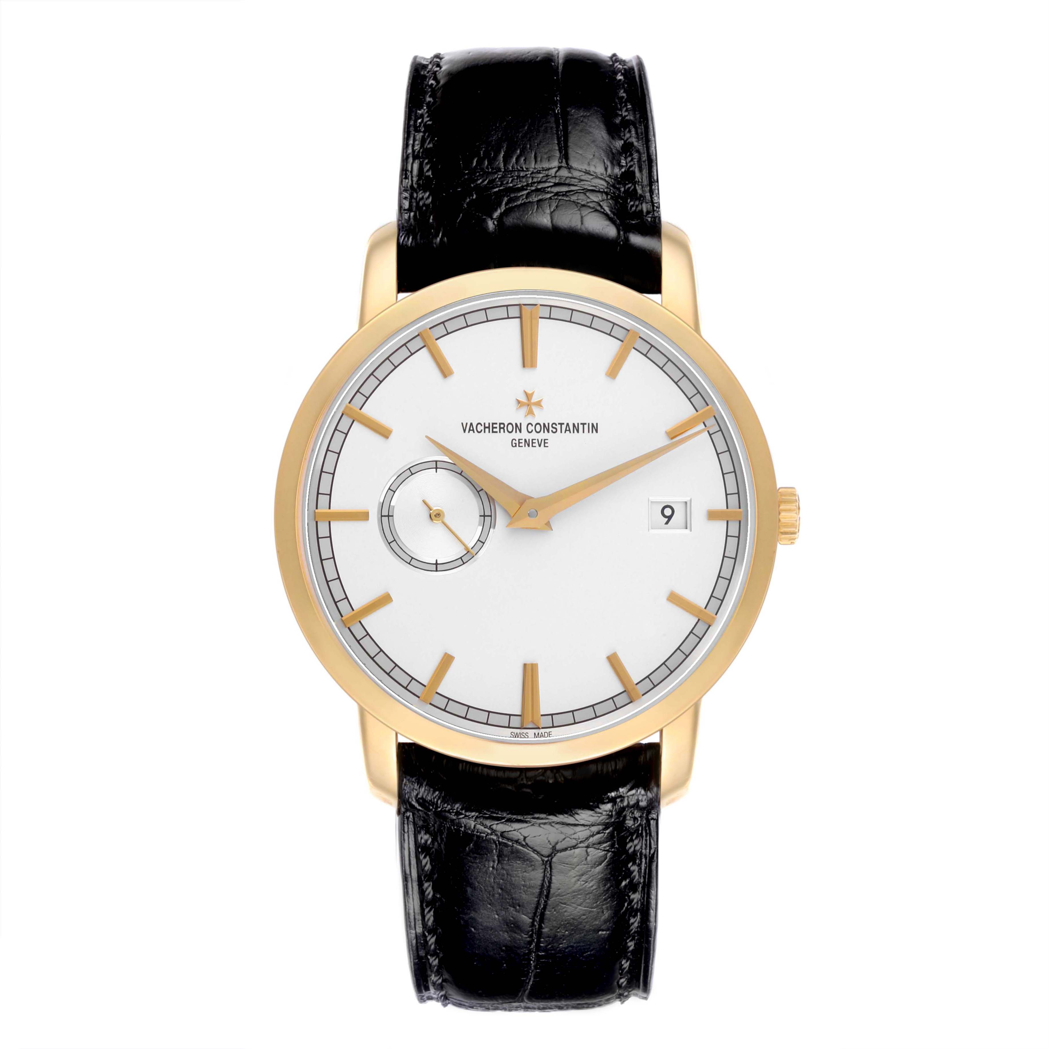 The Vacheron Constantin Traditionnelle 87172/000J-9512 Men's Yellow Gold Silver Dial watch is shown from the front, highlighting its dial, hands, date, and black leather strap.