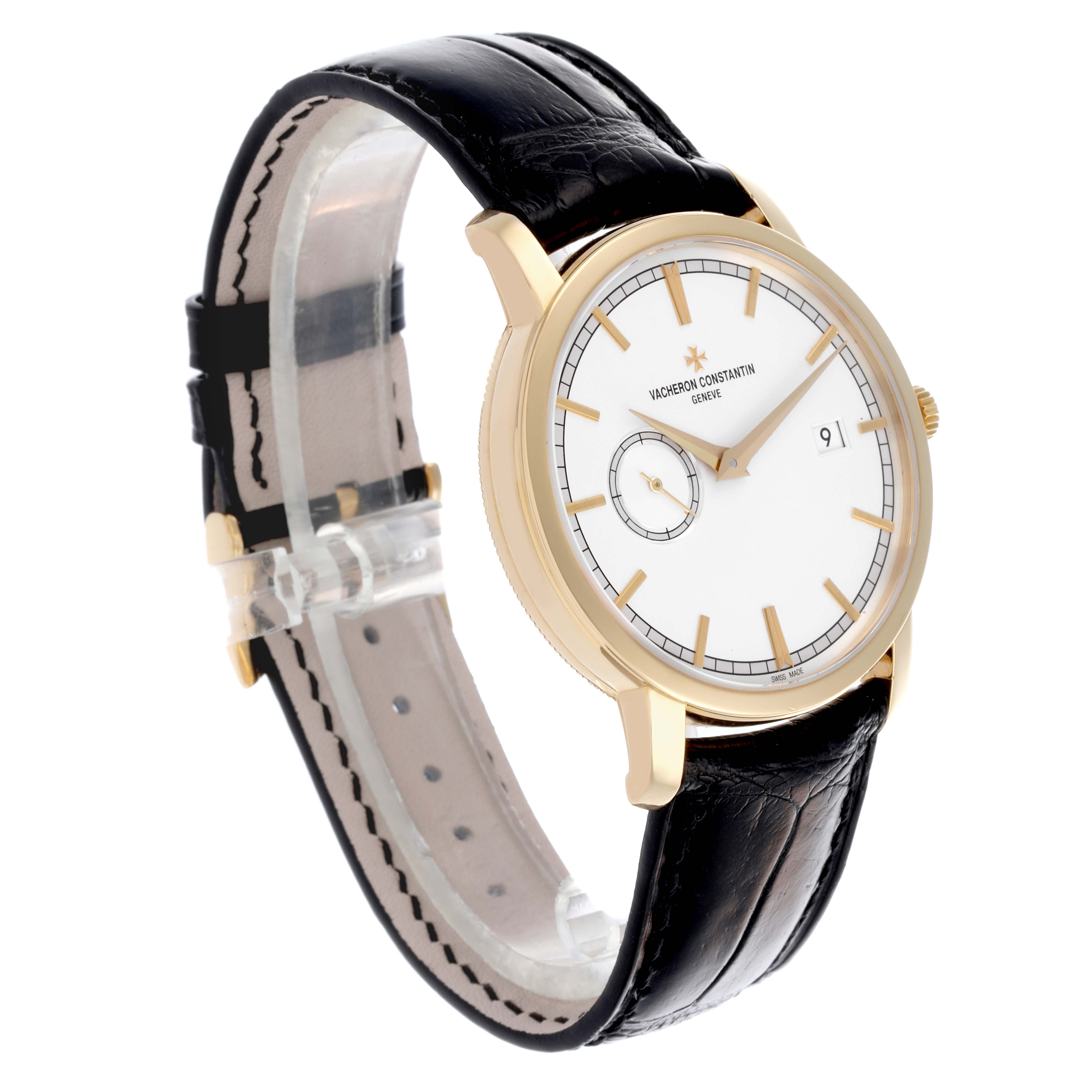 The Vacheron Constantin Traditionnelle 87172/000J-9512 Men's Yellow Gold Silver Dial 87172/000J-9512 Men's Yellow Gold Silver Dial watch is shown at a three-quarter angle, highlighting the face, crown, and black leather strap.