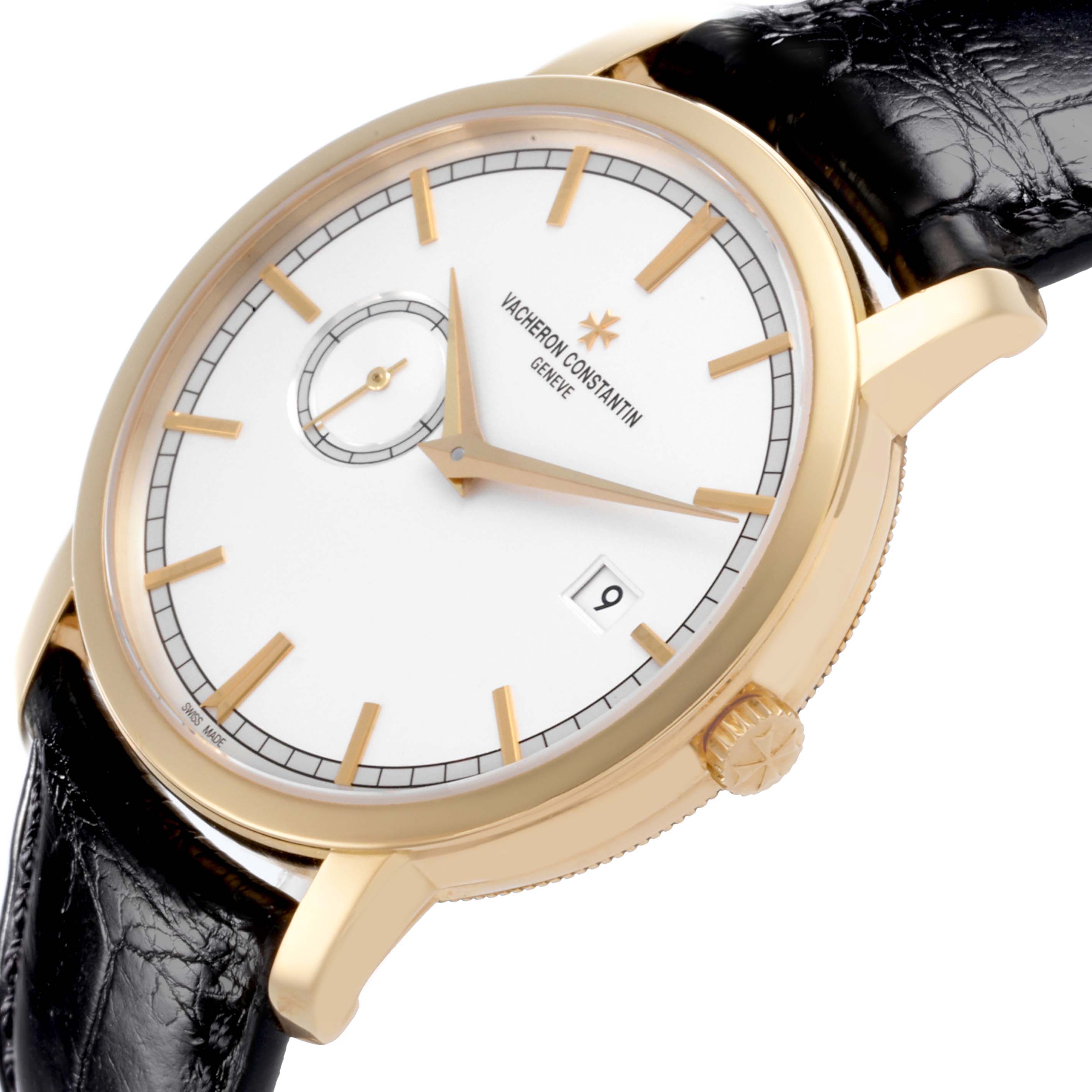 The Vacheron Constantin Traditionnelle 87172/000J-9512 Men's Yellow Gold Silver Dial 87172/000J-9512 Men's Yellow Gold Silver Dial watch is shown at an angled top view, displaying the face, bezel, crown, and leather strap.