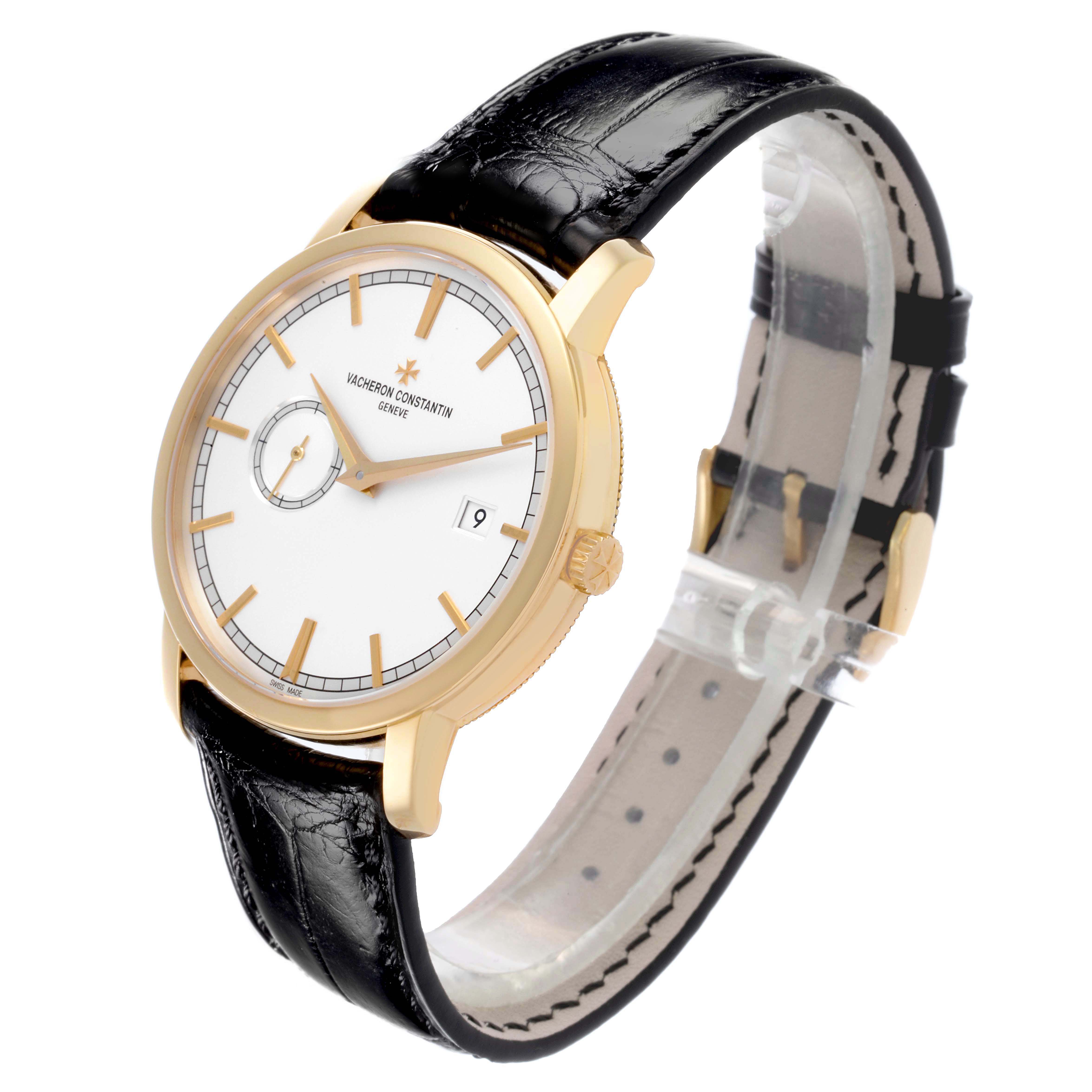 The Vacheron Constantin Traditionnelle 87172/000J-9512 Men's Yellow Gold Silver Dial watch is shown at a three-quarter angle, highlighting the dial, bezel, and leather strap.