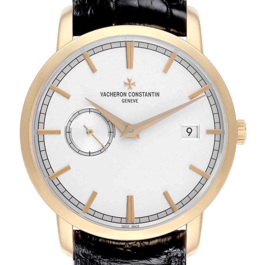 The watch is shown from a front angle, highlighting the dial, hands, indices, and date window of the Vacheron Constantin Traditionnelle model.