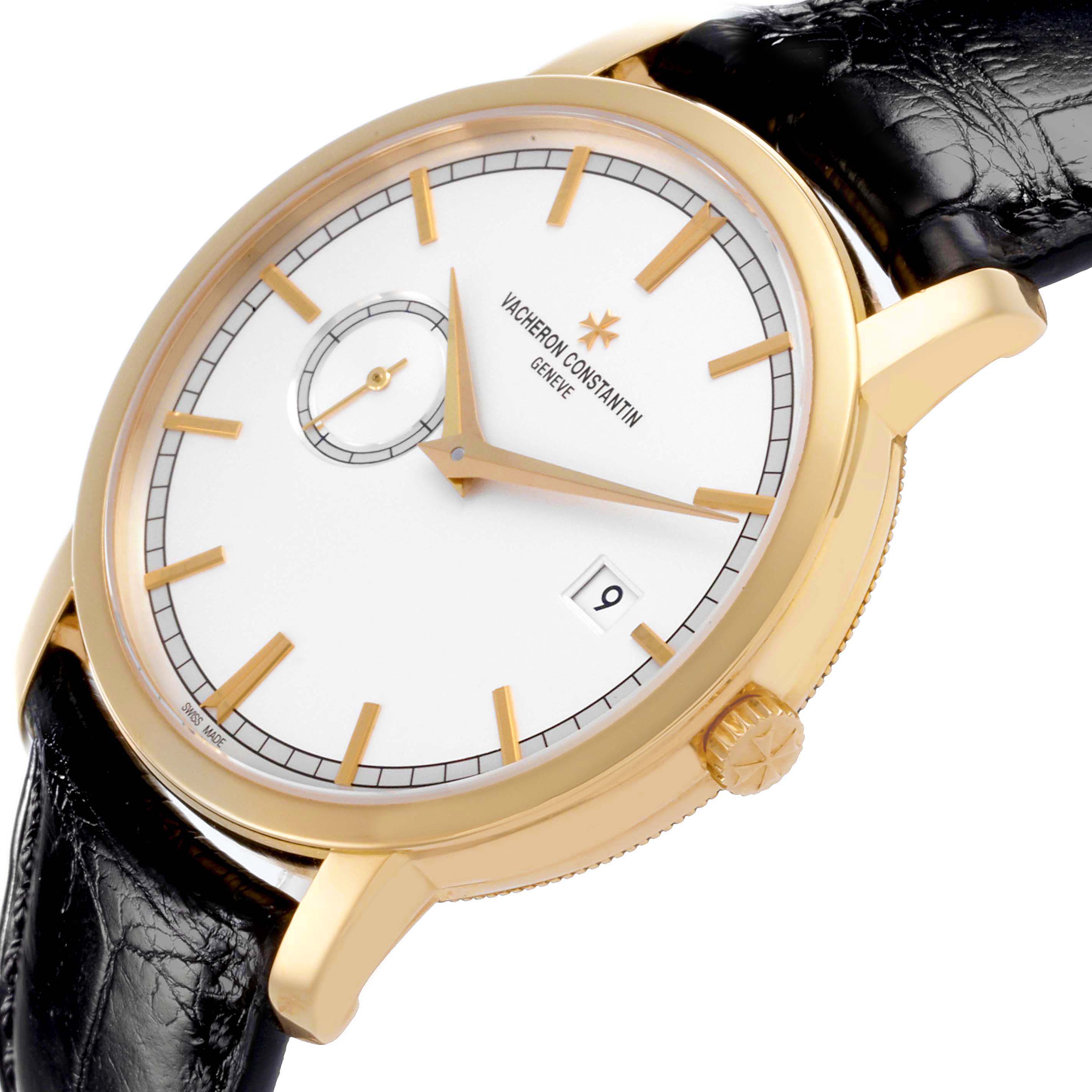 The Vacheron Constantin Traditionnelle 87172/000J-9512 Men's Yellow Gold Silver Dial watch is shown at a slight angle, highlighting the dial, crown, and leather strap.