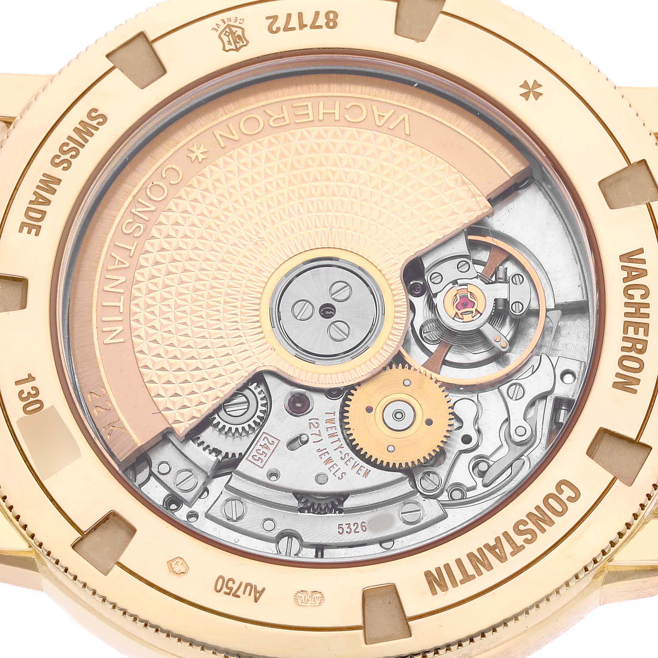 The image shows the back view of the Vacheron Constantin Traditionnelle 87172/000J-9512 Men's Yellow Gold Silver Dial watch, highlighting its movement and rotor.