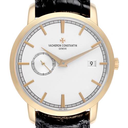 The Vacheron Constantin Traditionnelle watch is shown from the front, displaying the dial, hands, date window, and crown.