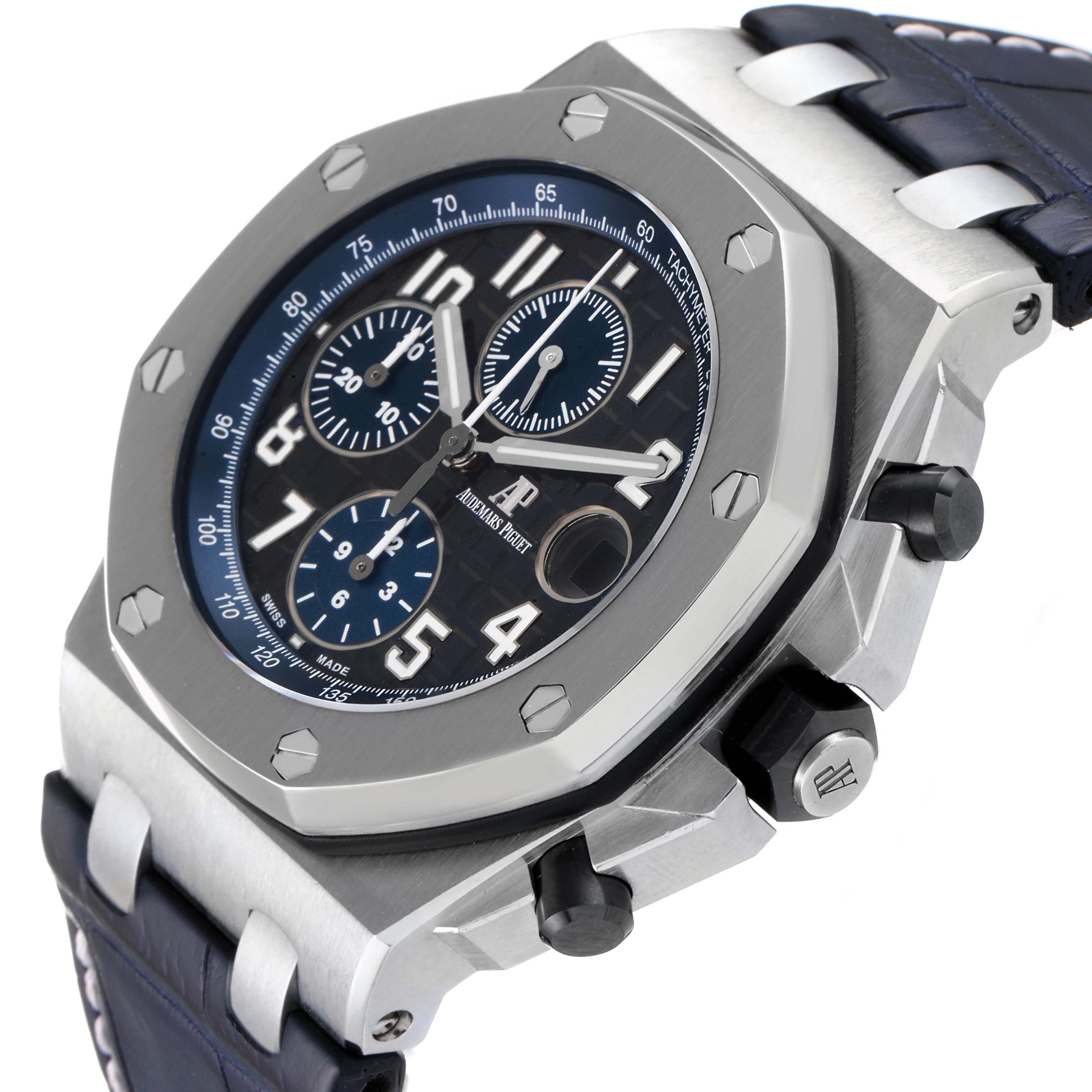 The image shows a close-up angle of the face, bezel, and side buttons of the Audemars Piguet Royal Oak Offshore 26470ST.OO.A028CR.01 Men's Stainless Steel Black Dial 26470ST.OO.A028CR.01 Men's Stainless Steel Black Dial watch.