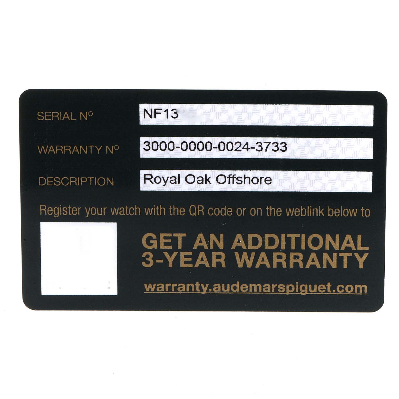 The image shows the warranty card for the Royal Oak Offshore model by Audemars Piguet.