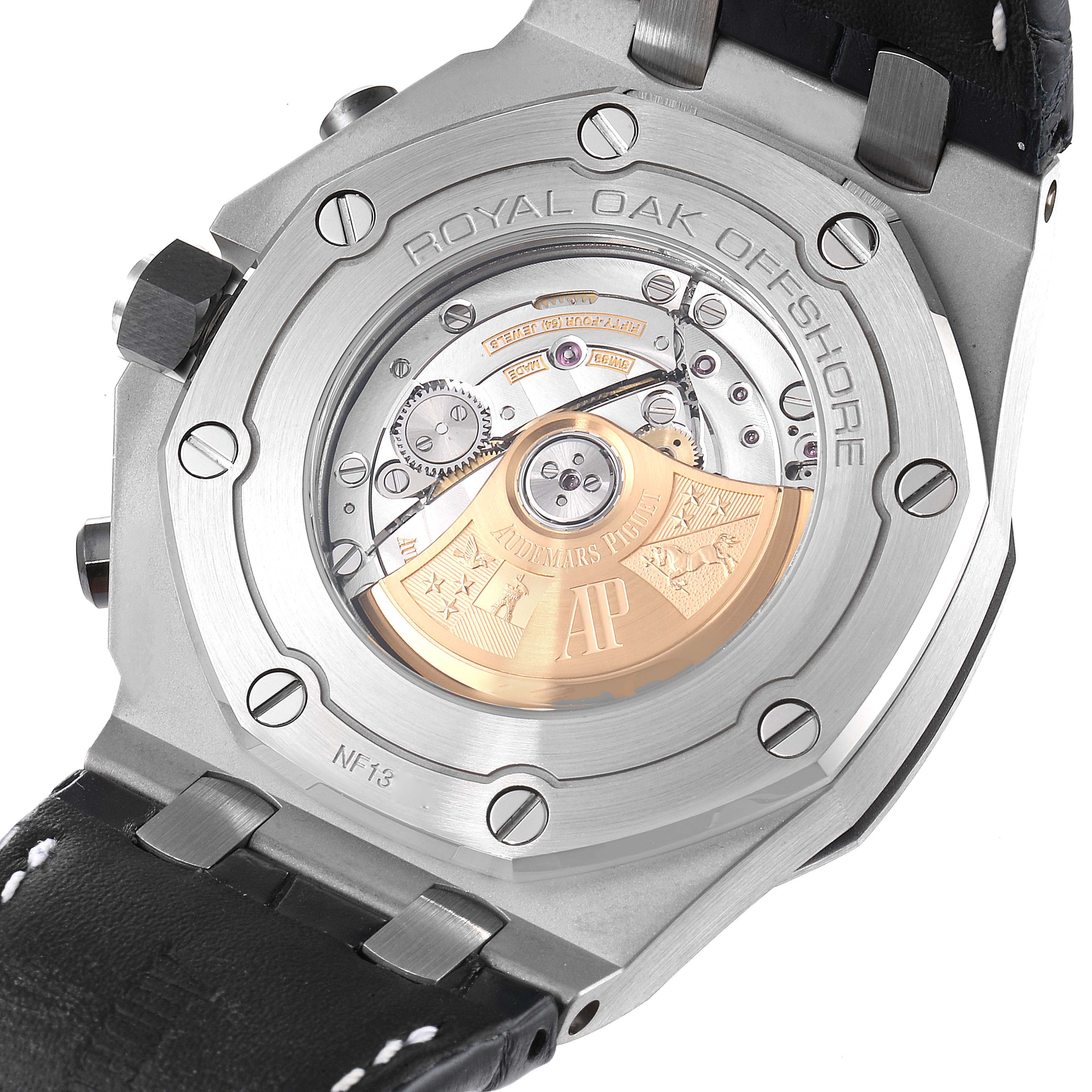 This image shows the back of an Audemars Piguet Royal Oak Offshore 26470ST.OO.A028CR.01 Men's Stainless Steel Black Dial 26470ST.OO.A028CR.01 Men's Stainless Steel Black Dial watch, highlighting its exposed movement and rotor.