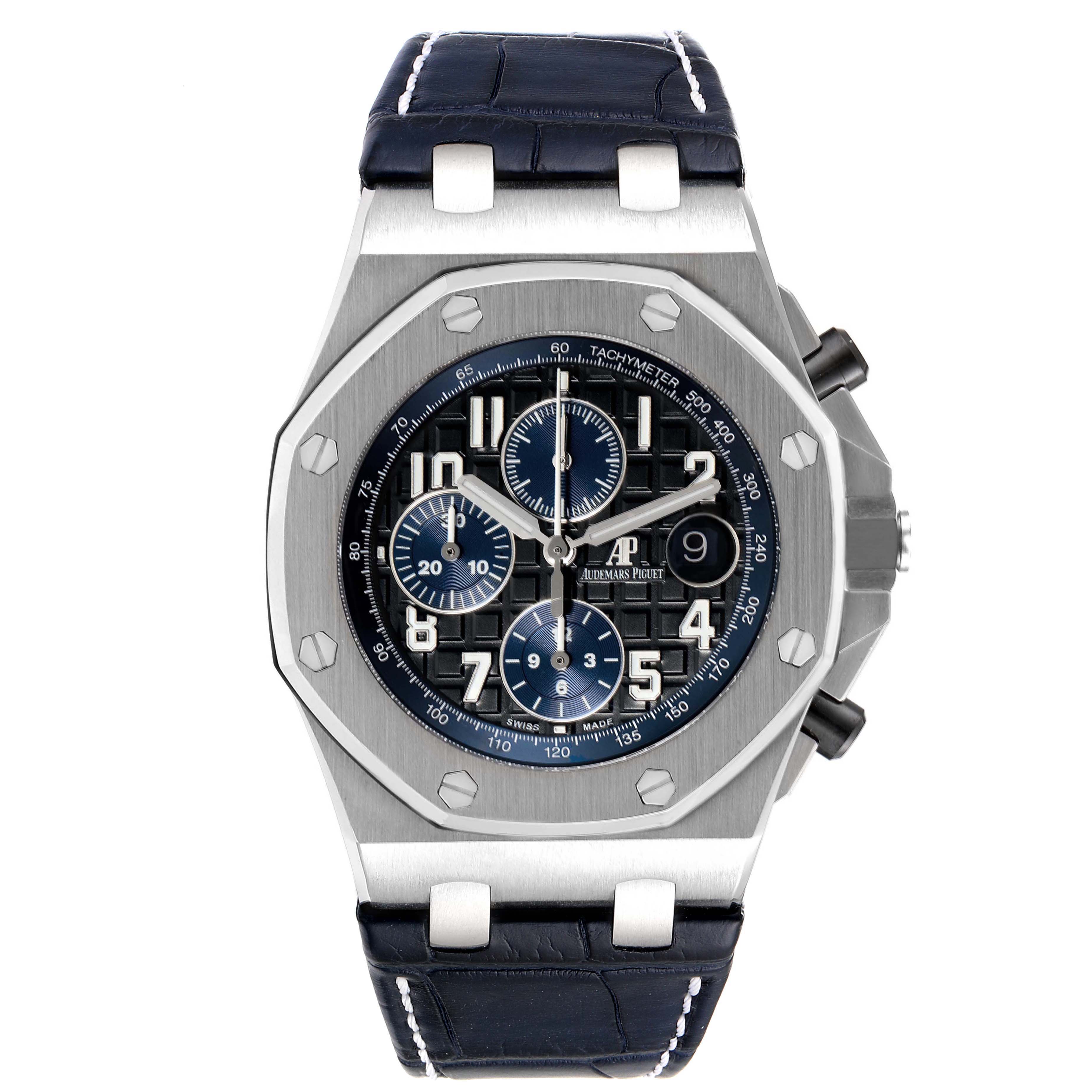 The image shows a front view of an Audemars Piguet Royal Oak Offshore 26470ST.OO.A028CR.01 Men's Stainless Steel Black Dial 26470ST.OO.A028CR.01 Men's Stainless Steel Black Dial watch, displaying its dial, bezel, and strap.