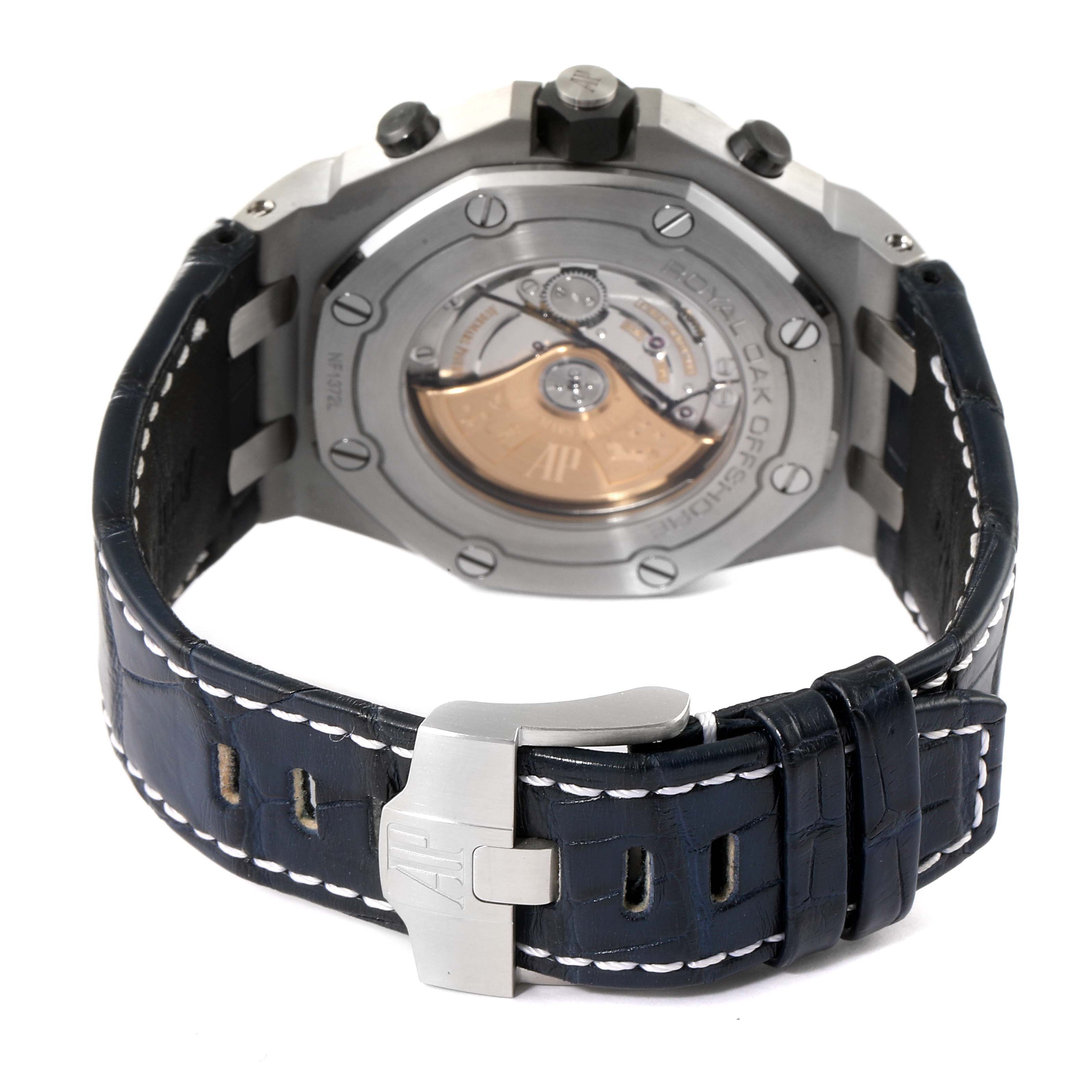 This image shows the back case, movement, and leather strap of the Audemars Piguet Royal Oak Offshore 26470ST.OO.A028CR.01 Men's Stainless Steel Black Dial 26470ST.OO.A028CR.01 Men's Stainless Steel Black Dial watch.