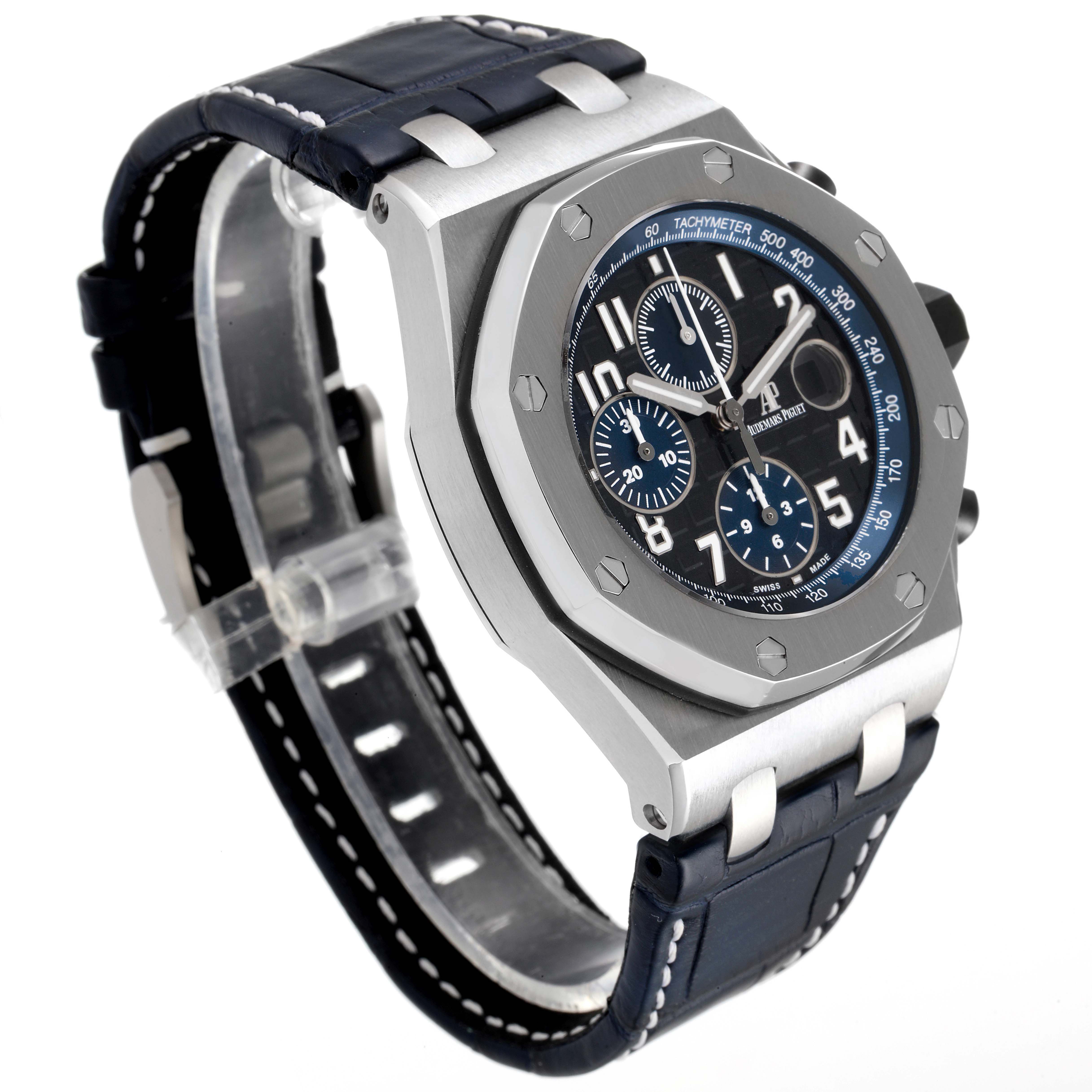 The image shows an angled view of the Audemars Piguet Royal Oak Offshore 26470ST.OO.A028CR.01 Men's Stainless Steel Black Dial 26470ST.OO.A028CR.01 Men's Stainless Steel Black Dial watch, highlighting its face, bezel, and strap.