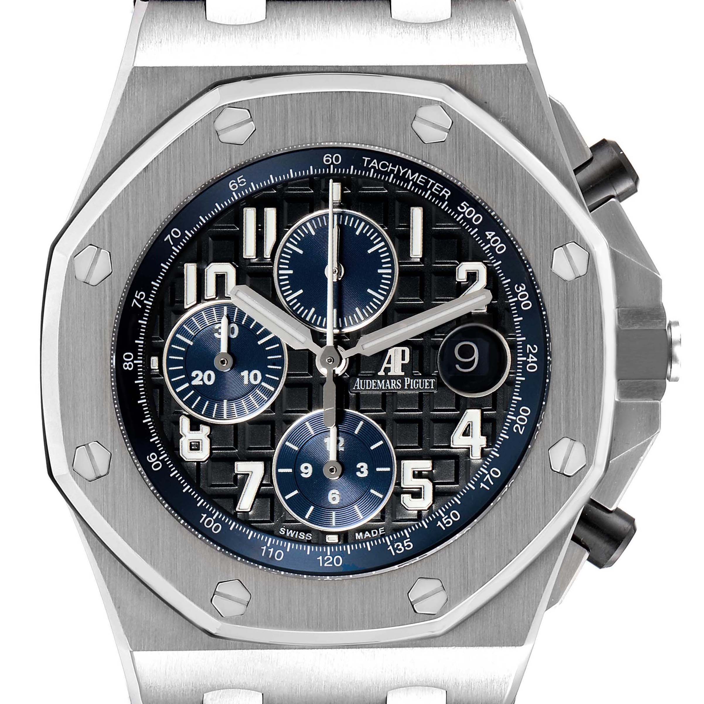 The image shows a front view of the Audemars Piguet Royal Oak Offshore 26470ST.OO.A028CR.01 Men's Stainless Steel Black Dial 26470ST.OO.A028CR.01 Men's Stainless Steel Black Dial model, highlighting the face, tachymeter, and subdials.