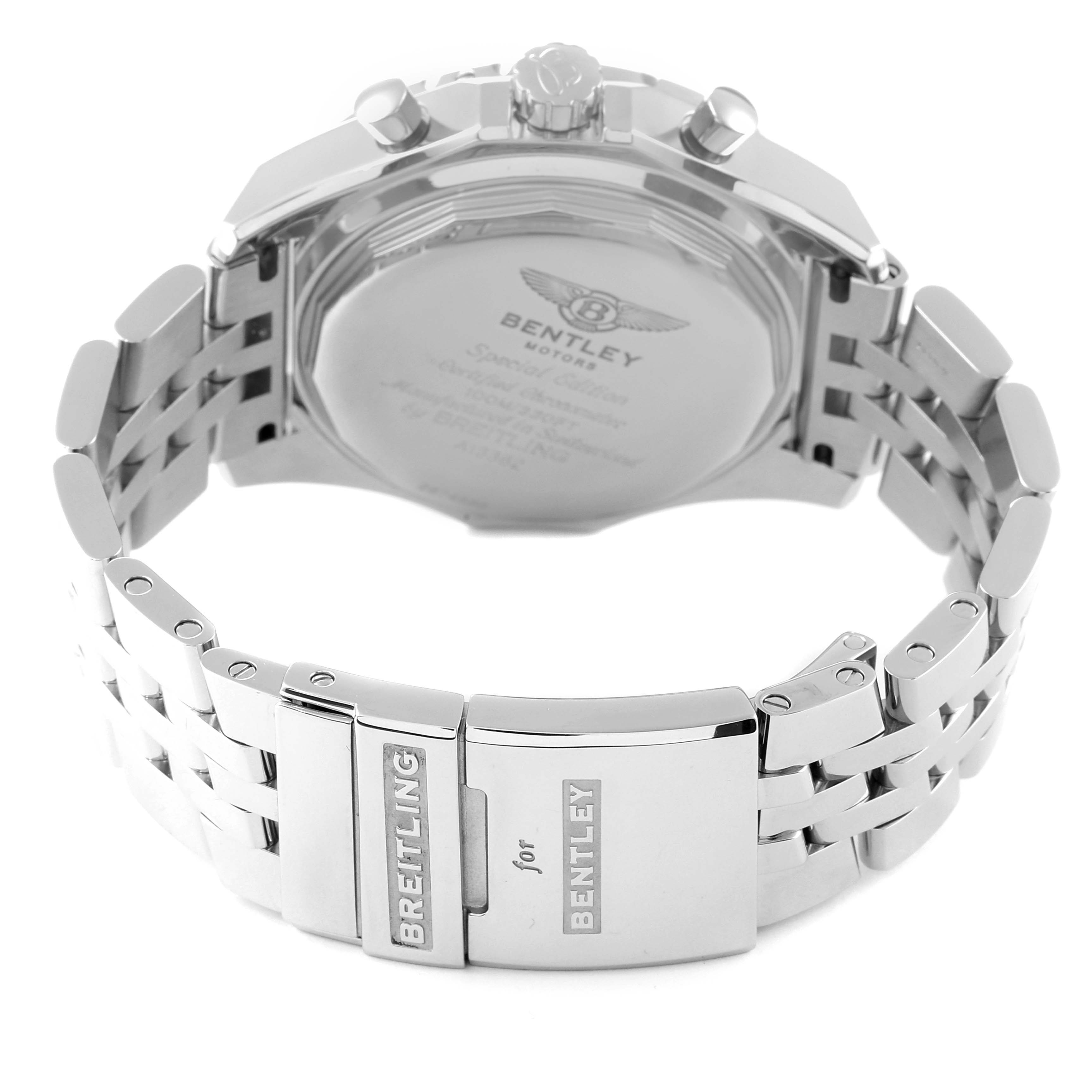The image shows the back and clasp of a Breitling Bentley A13362 Men's Stainless Steel Mother of Pearl Dial A13362 Men's Stainless Steel Mother of Pearl Dial model watch, featuring the brand name engraved.
