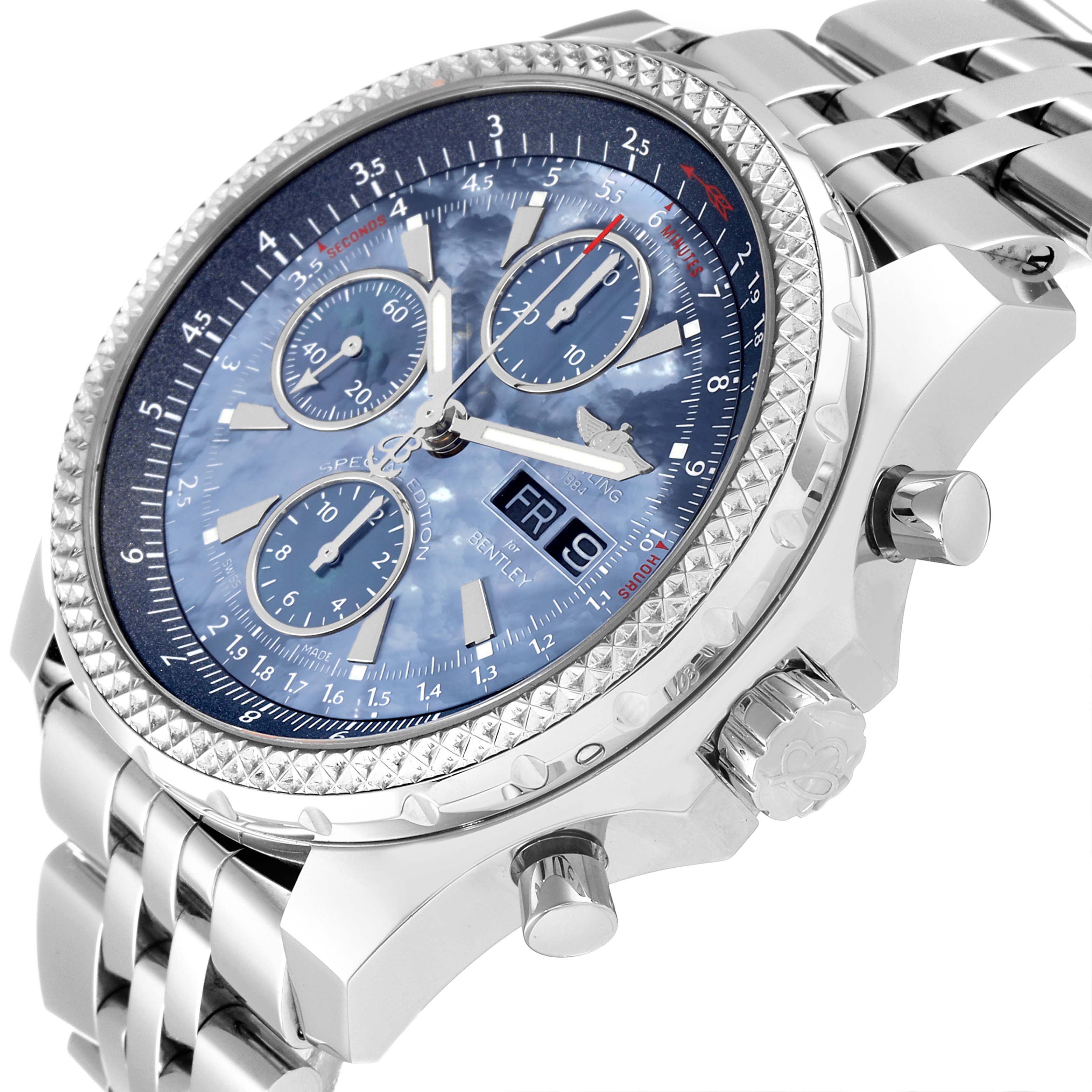 The image shows a Breitling Bentley A13362 Men's Stainless Steel Mother of Pearl Dial A13362 Men's Stainless Steel Mother of Pearl Dial watch in an angled side view, highlighting the dial, bezel, and metal bracelet.