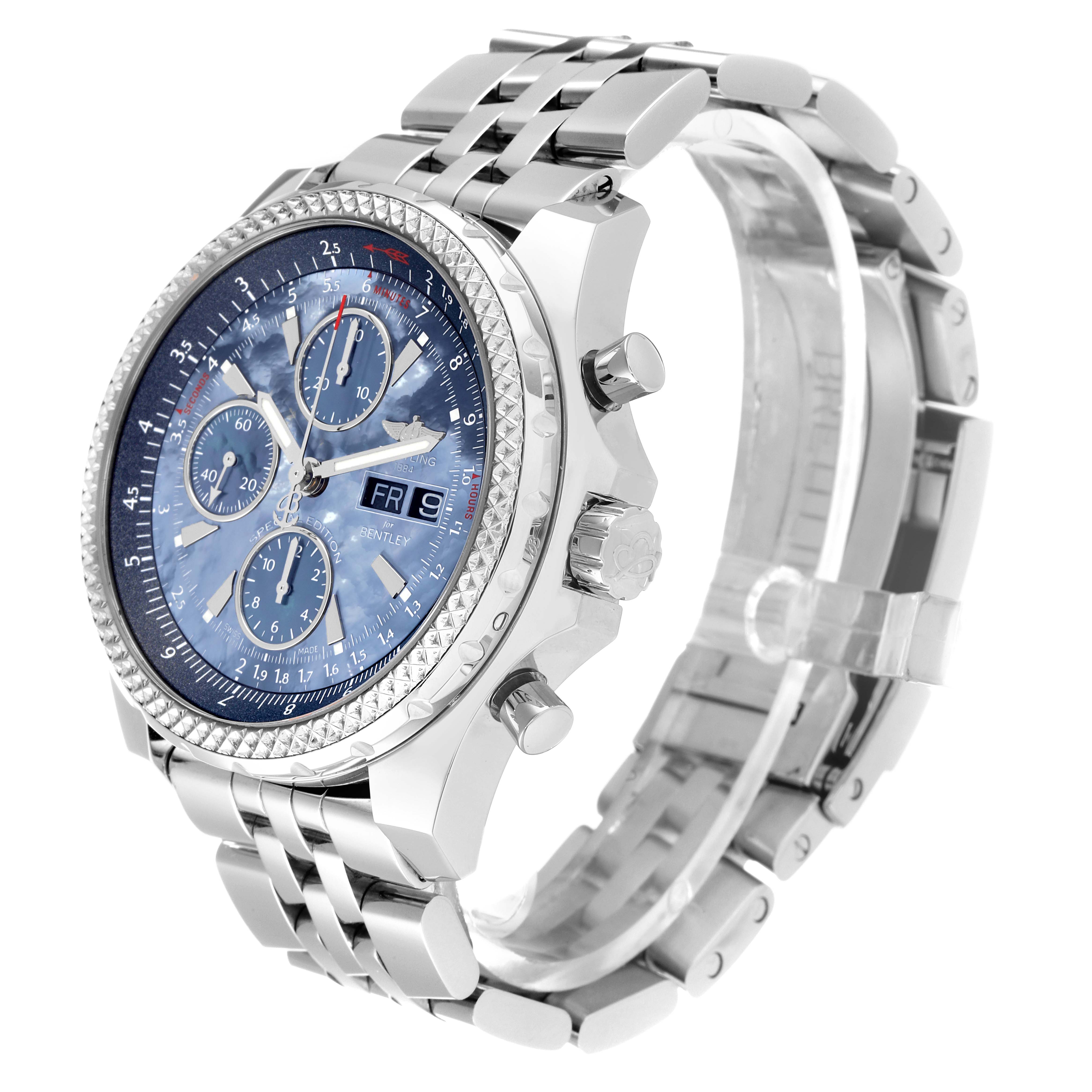 The image shows a side angle of a Bentley model by Breitling, highlighting its face, pushers, crown, and metal bracelet.