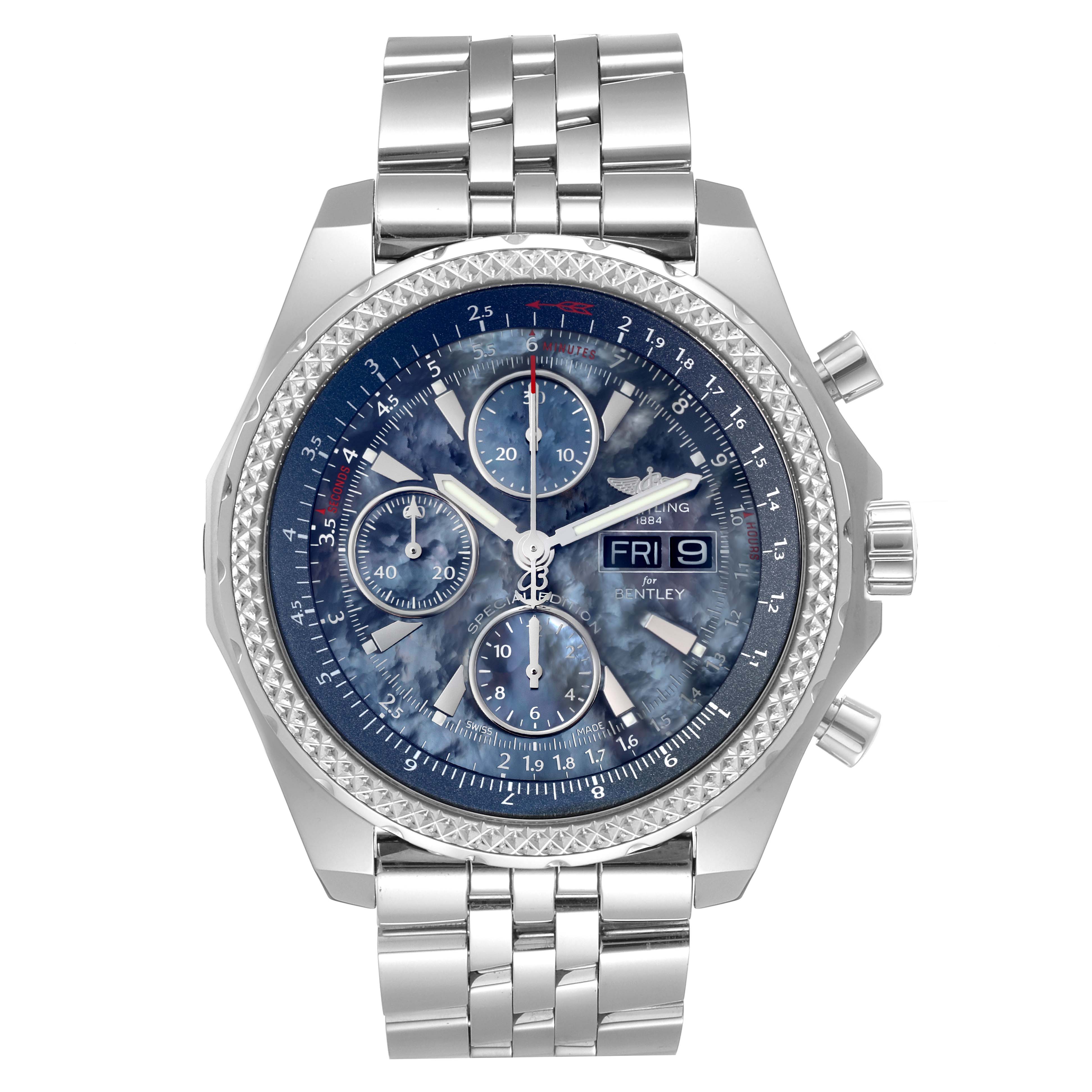 This image shows a front view of the Breitling Bentley A13362 Men's Stainless Steel Mother of Pearl Dial A13362 Men's Stainless Steel Mother of Pearl Dial model watch, featuring the dial, bezel, crown, pushers, and metal band.