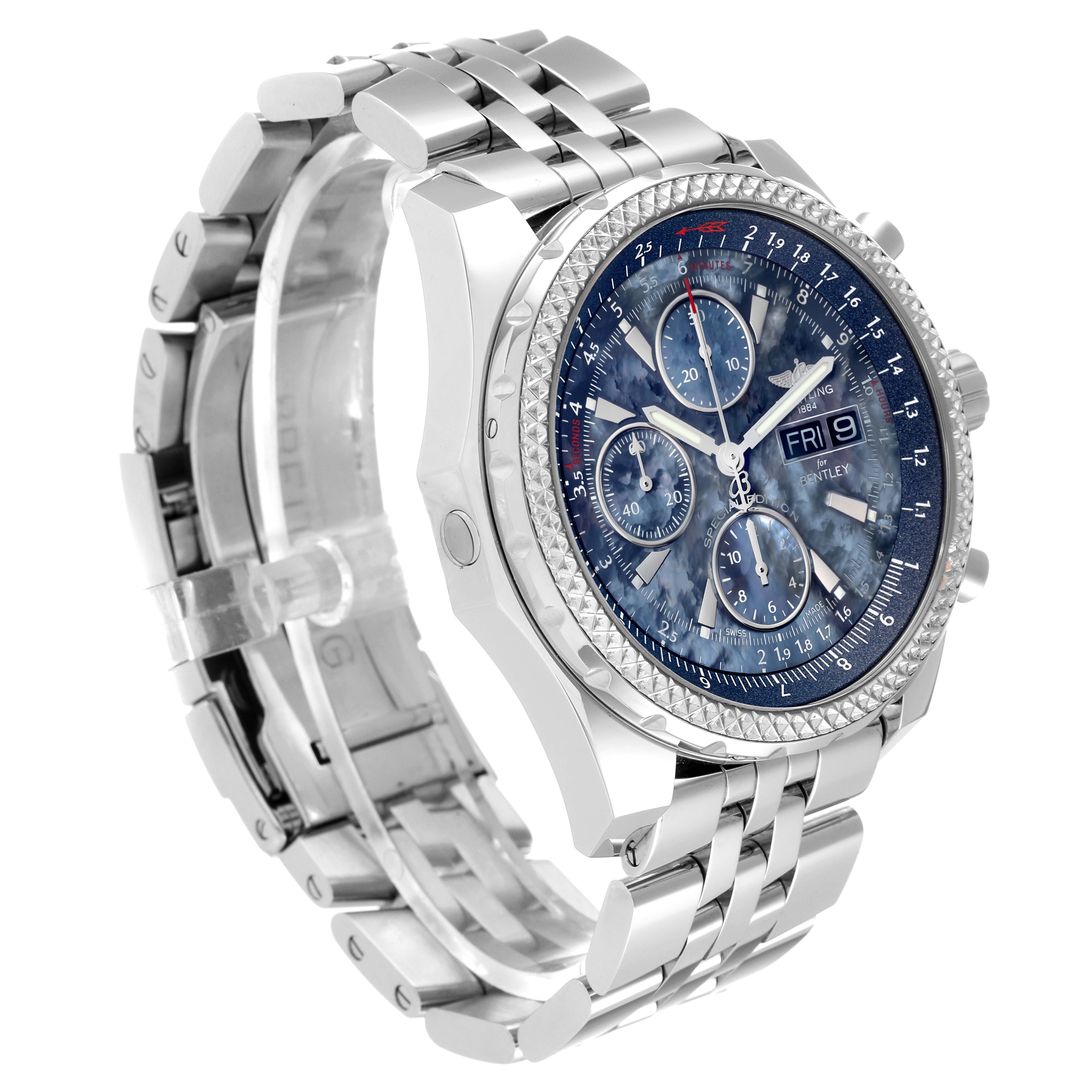 This image shows a side angle view of the Bentley model by Breitling, highlighting the face, bezel, and metal bracelet.