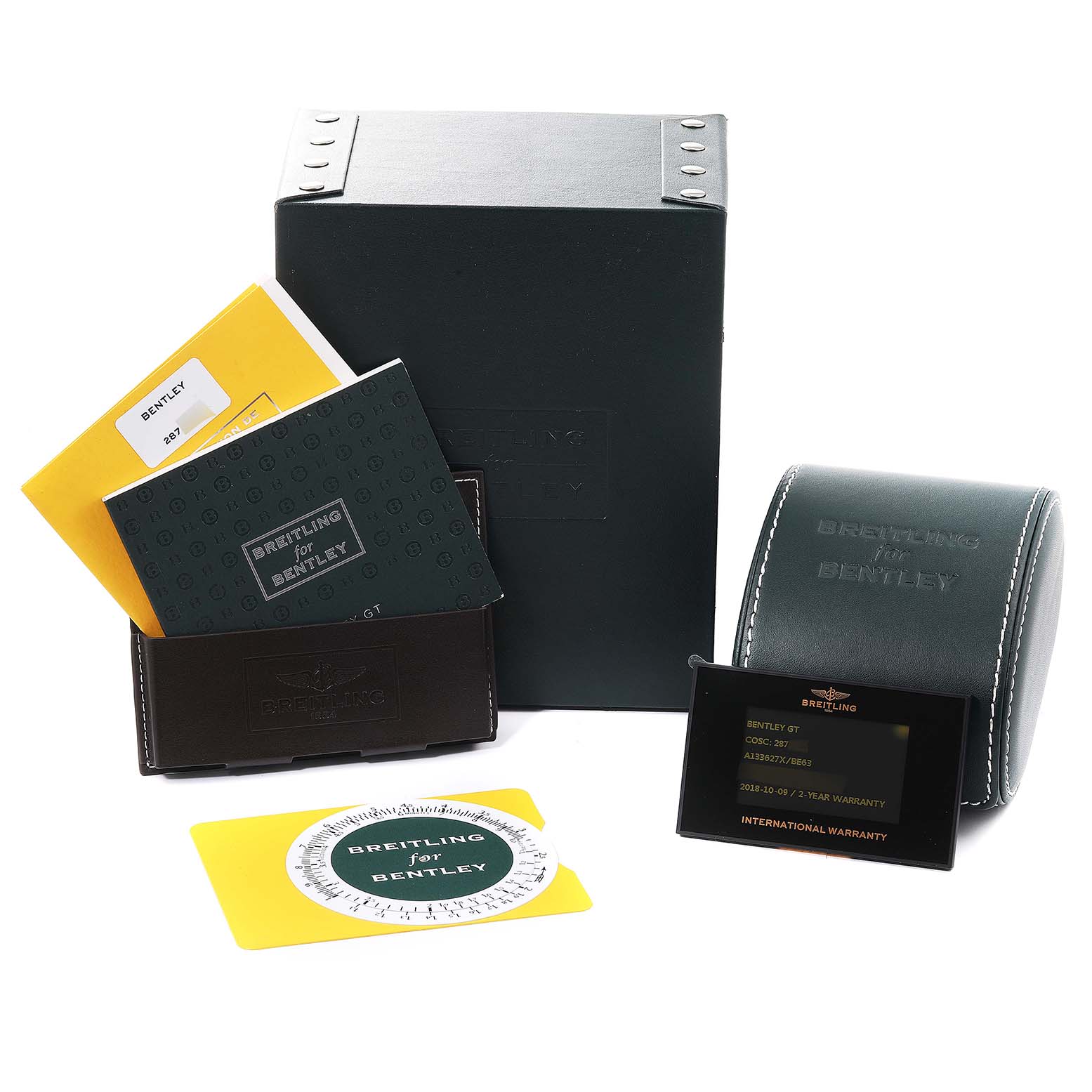 The image shows the packaging, warranty cards, booklet, and accessories for the Breitling Bentley A13362 Men's Stainless Steel Mother of Pearl Dial A13362 Men's Stainless Steel Mother of Pearl Dial model watch.