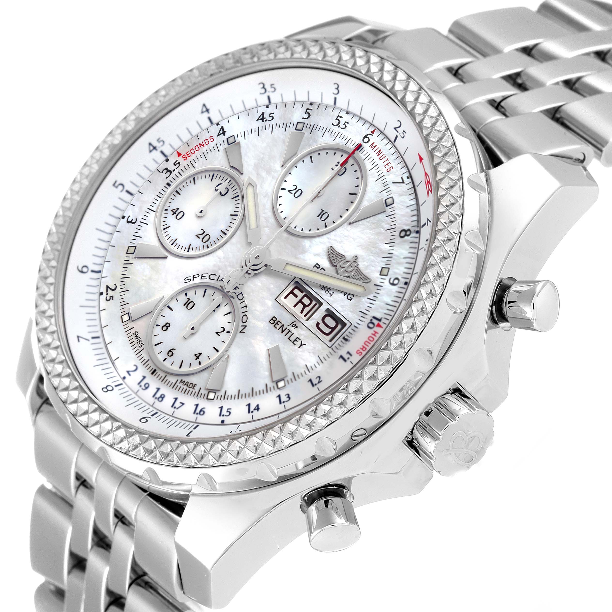 The image shows a Breitling Bentley A13362 Men's Stainless Steel Mother of Pearl Dial A13362 Men's Stainless Steel Mother of Pearl Dial watch at an angle, highlighting the bezel, chronograph dials, and a portion of the metal bracelet.