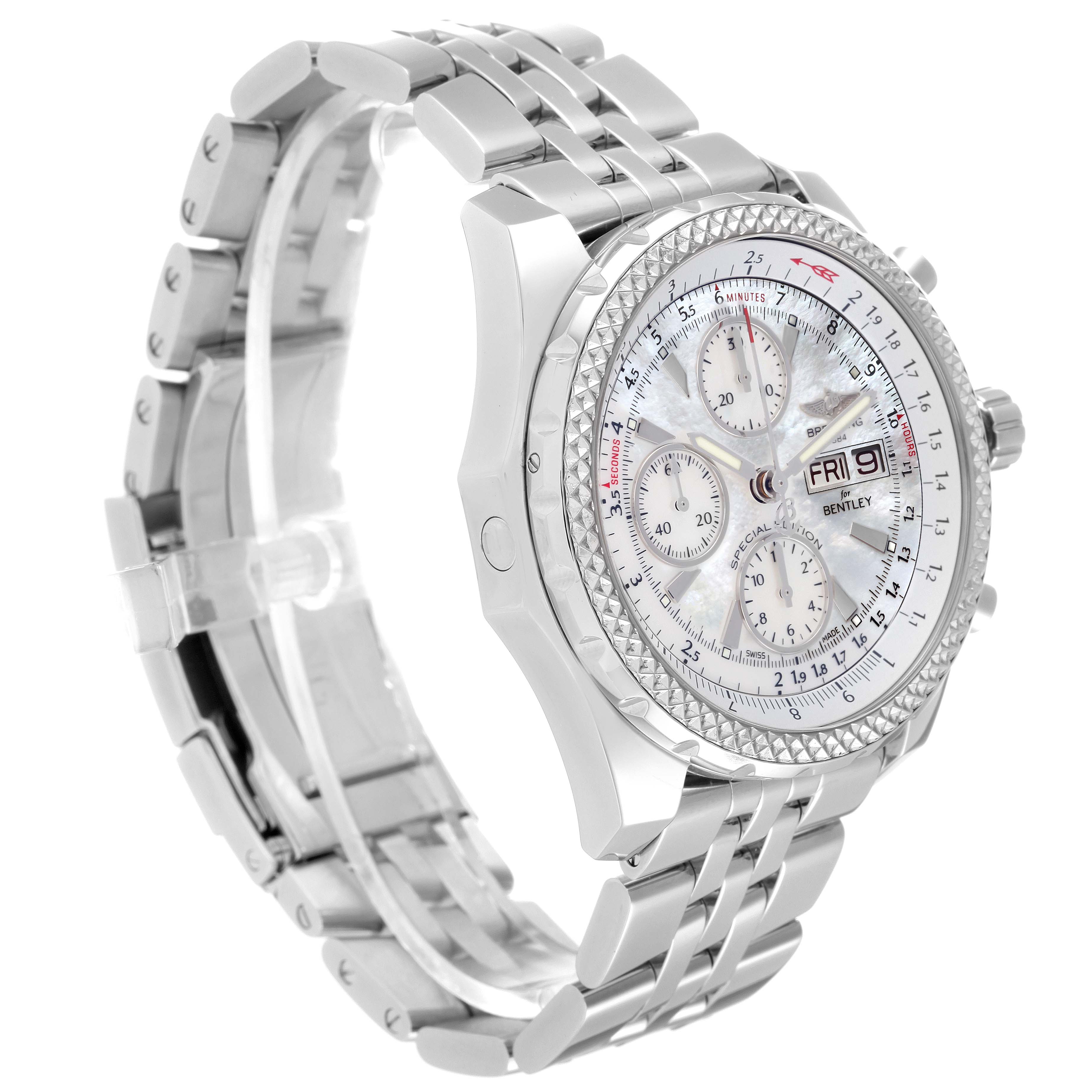 This image shows a side angle of the Breitling Bentley A13362 Men's Stainless Steel Mother of Pearl Dial A13362 Men's Stainless Steel Mother of Pearl Dial model watch displaying its face, bezel, and stainless steel bracelet.