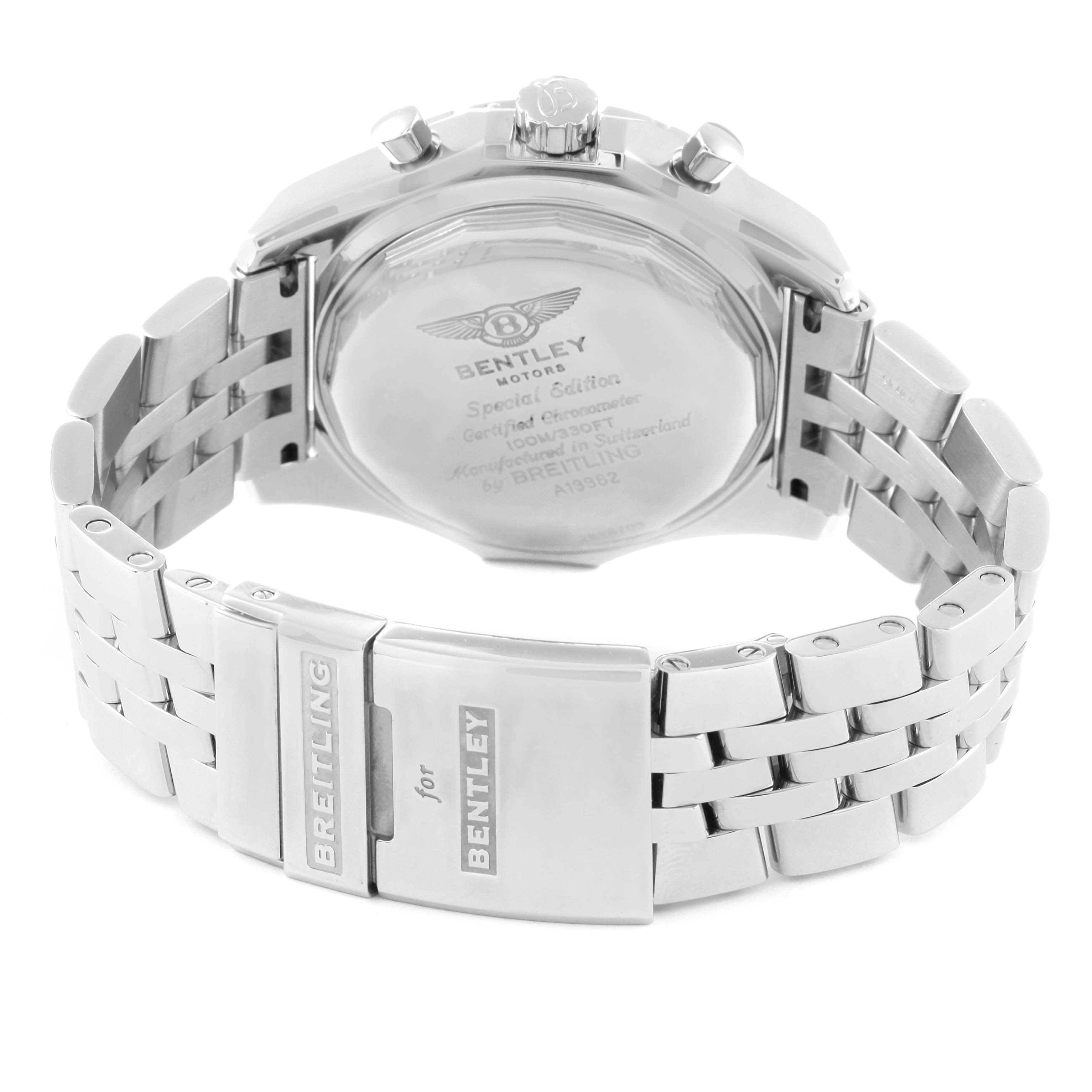 The image shows the back view of a Breitling Bentley A13362 Men's Stainless Steel Mother of Pearl Dial A13362 Men's Stainless Steel Mother of Pearl Dial watch, highlighting the case back and stainless steel bracelet clasp.