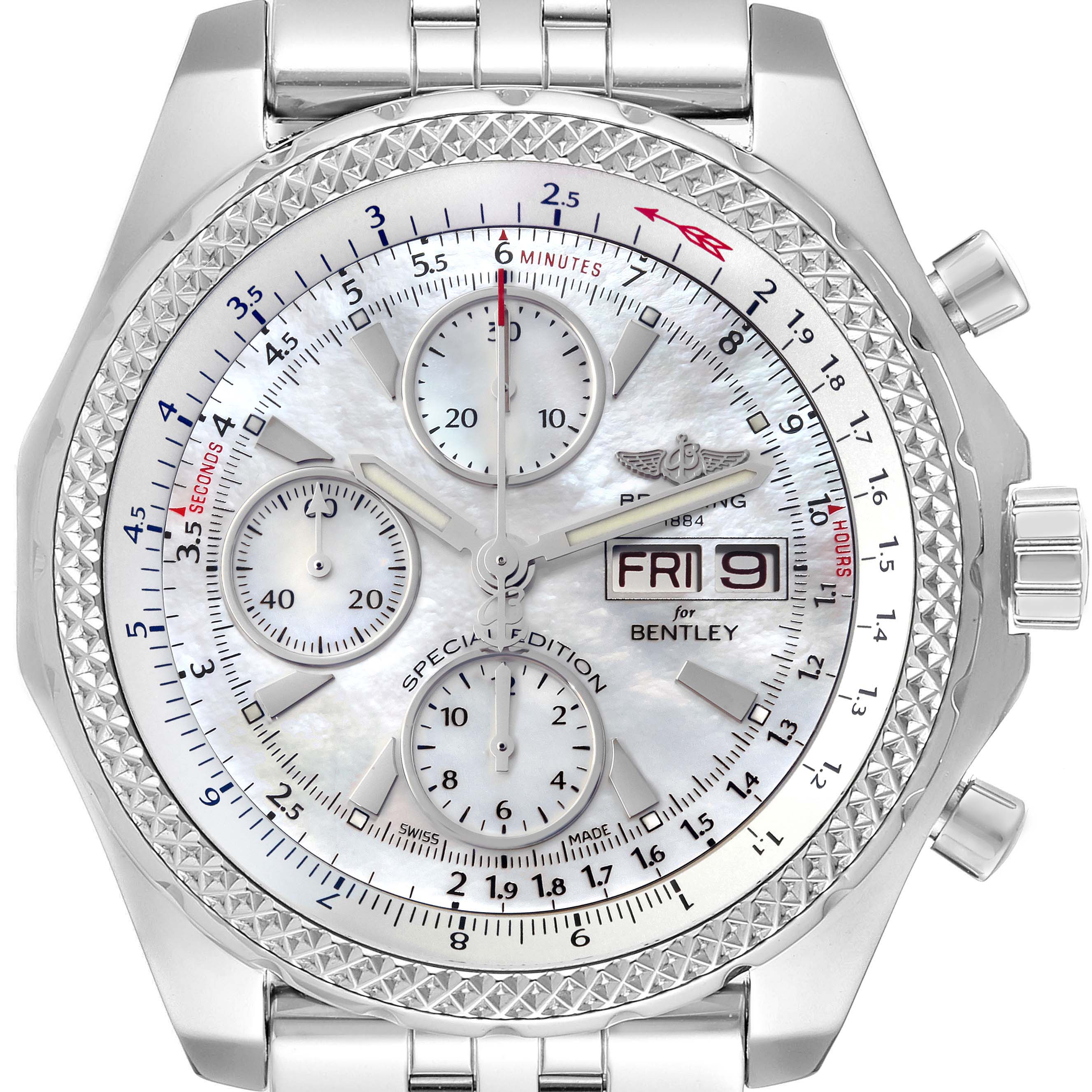 The image shows a frontal view of a Breitling Bentley A13362 Men's Stainless Steel Mother of Pearl Dial A13362 Men's Stainless Steel Mother of Pearl Dial watch, highlighting the dial, subdials, bezel, and bracelet.
