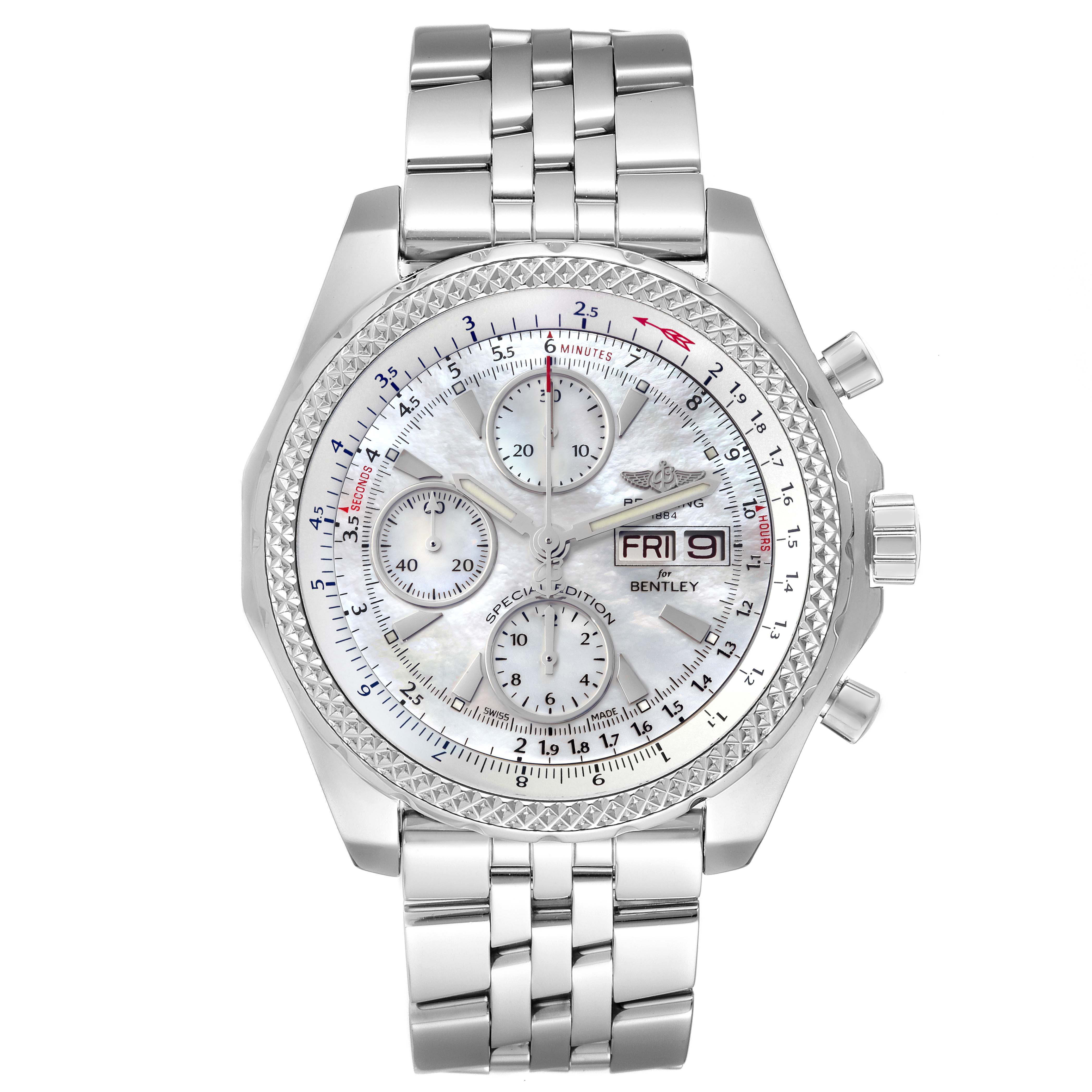 The image shows a front view of a Breitling Bentley A13362 Men's Stainless Steel Mother of Pearl Dial A13362 Men's Stainless Steel Mother of Pearl Dial model watch, displaying the bracelet, face, and knobs.