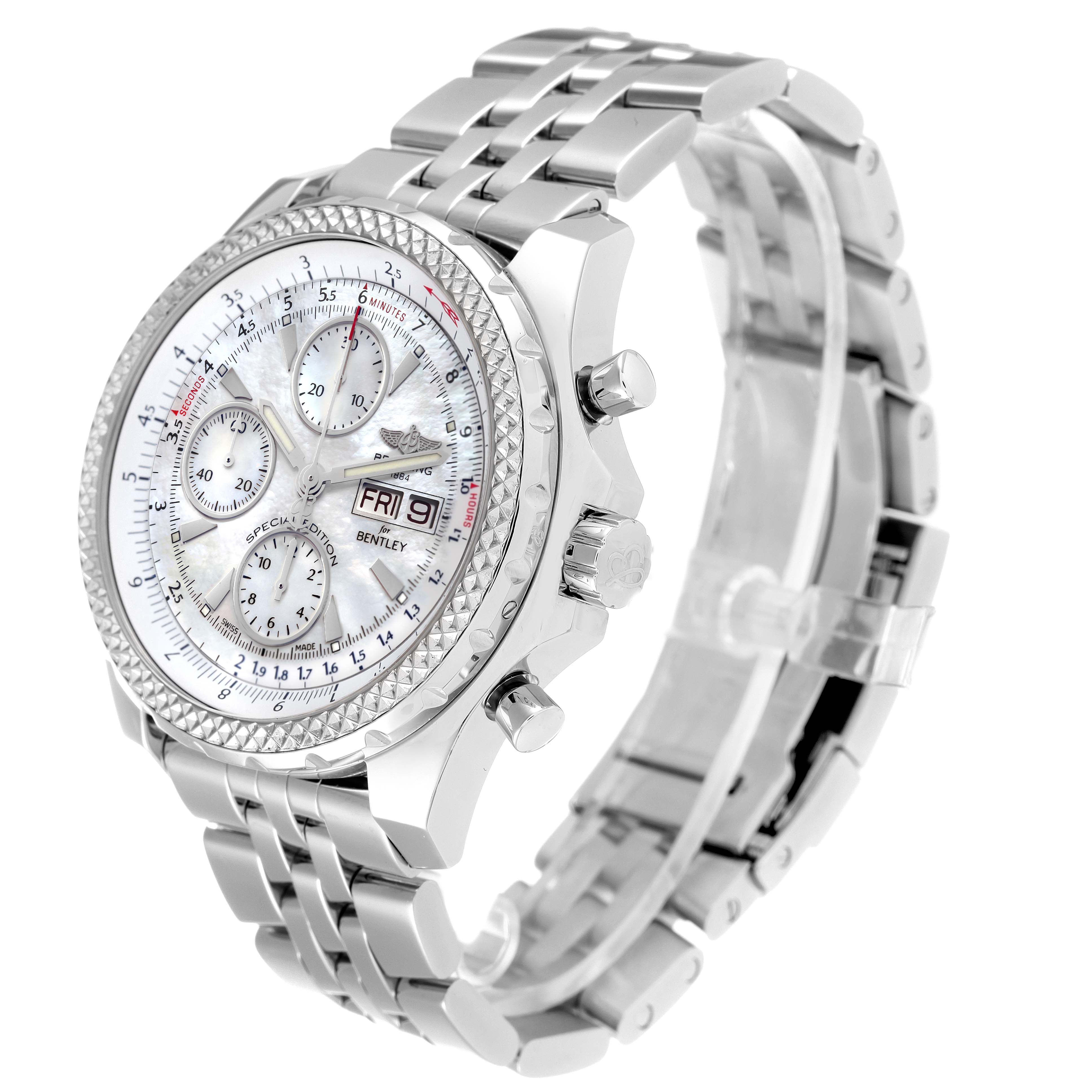 The image shows a Bentley model by Breitling from an angled side view featuring its intricate face and metal bracelet.